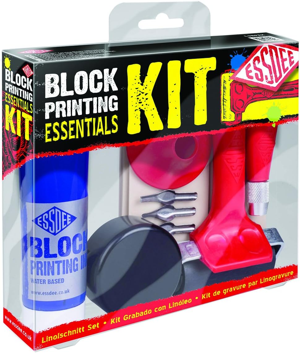 ESSDEE Block Printing Essentials Kit Includes 2 Ink Rollers, 3 Lino Cutters, Lino Handle, Printing Ink and Carving Block || Used in Art, Craft and Carving Stamps || Made in The UK