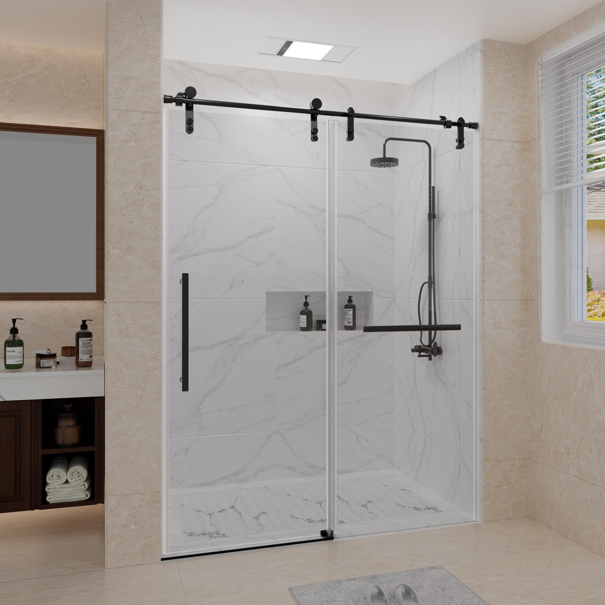 Frameless Sliding Shower Door 56-60"W x 76"H, 5/16"(8mm) Clear Tempered Glass, Seal Strip, Handle, Stainless Steel Hardware, Black