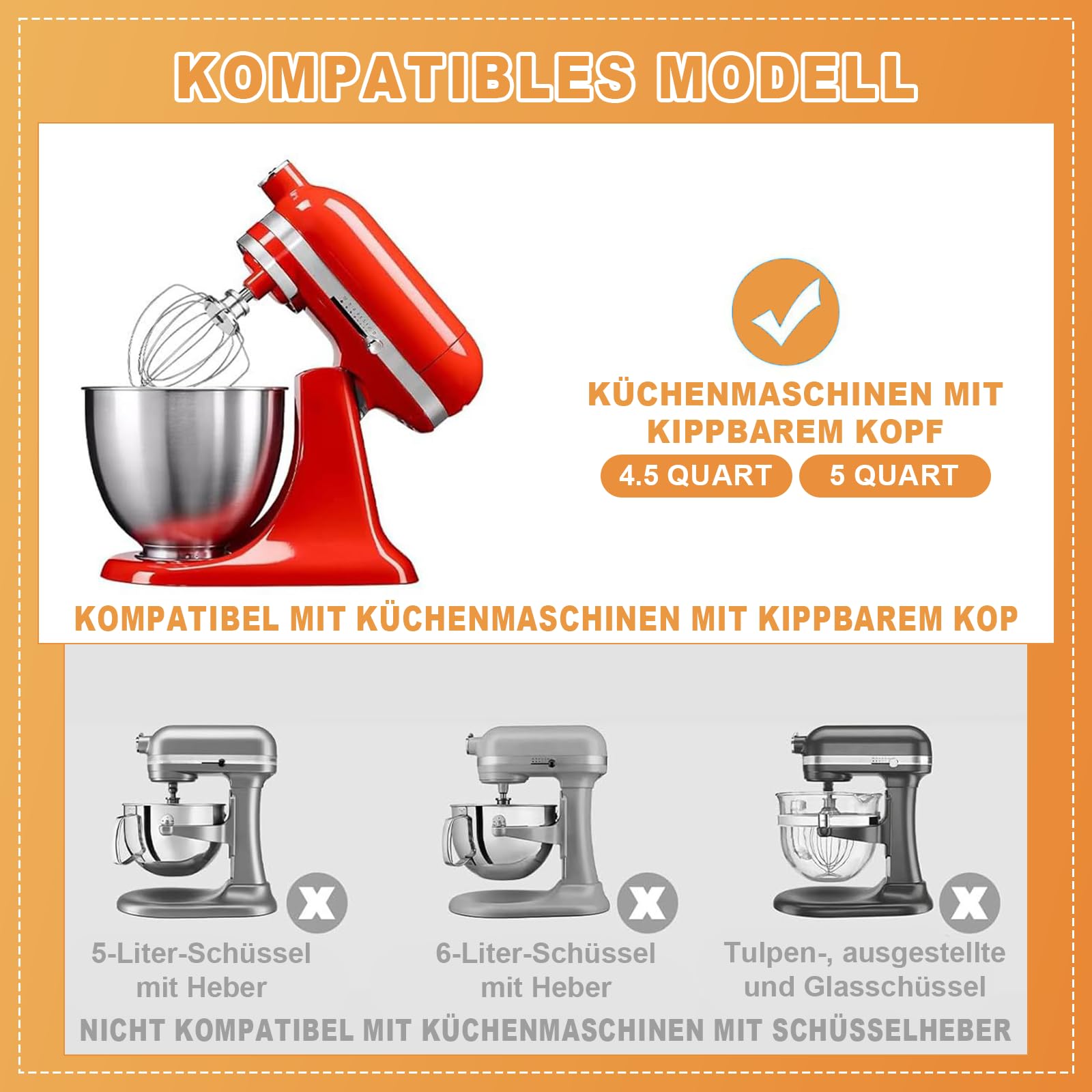 4-teiliges Rührwerkzeug Set, passend für 4.5-5 Quart Standmixer, Bestehend aus Drahtschneebesen, Flachrührer, Knethaken und Rührschüssel, Ideal für die Zubereitung verschiedener Speisen