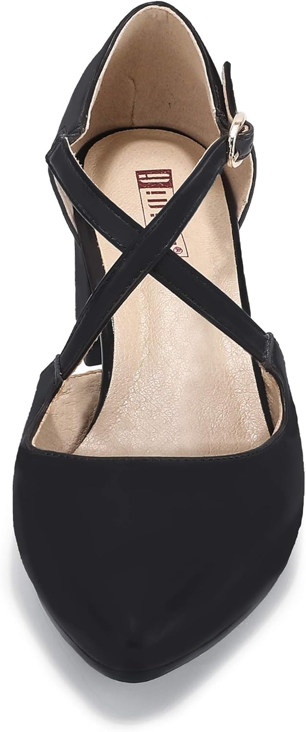 IDIFU Women's Lynn Dress Low Heeled Pumps Closed Pointed Toe Block Chunky Heel Cross Strap Wedding Bridal Party Office Shoes