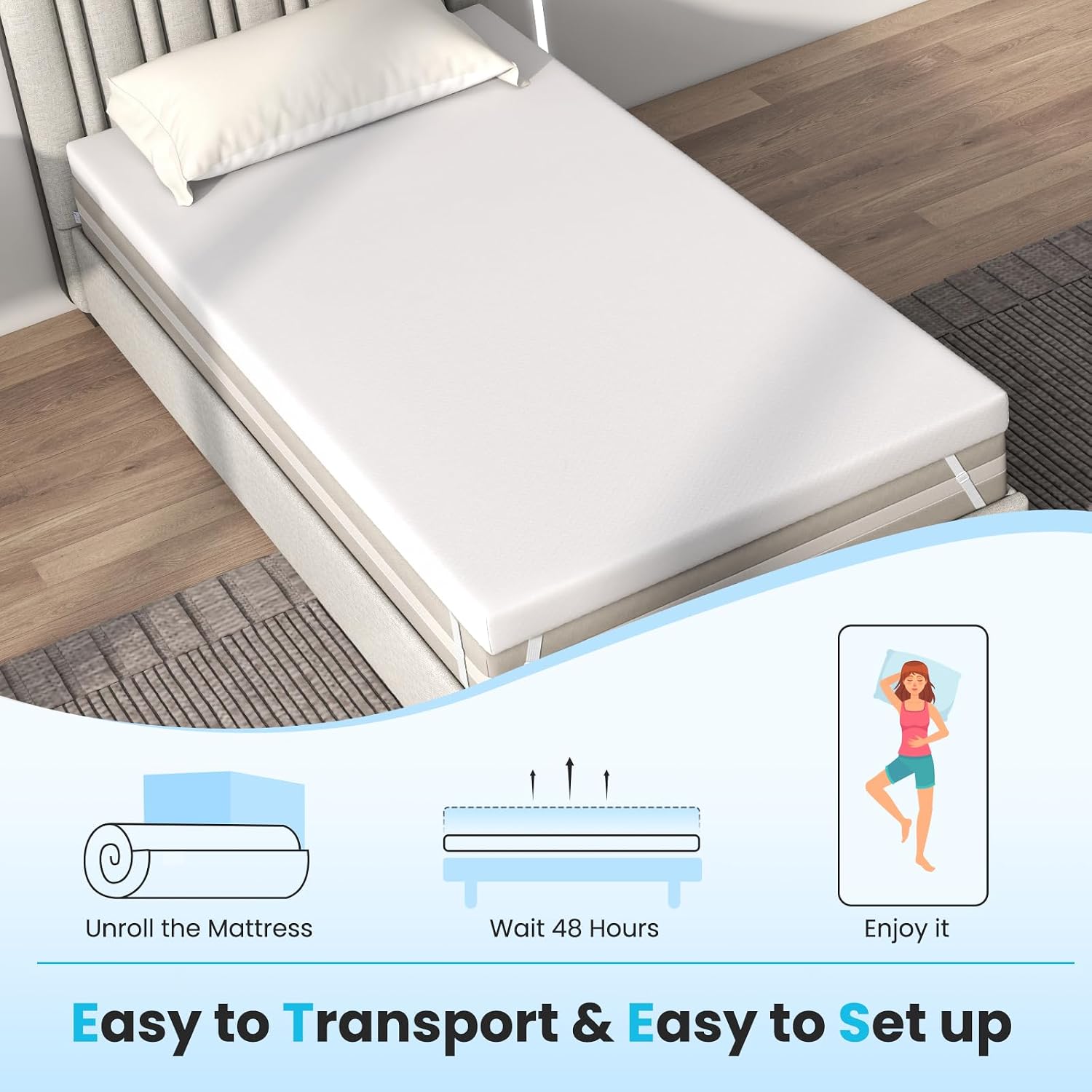 KOMFOTT Twin Size Cooling Gel-Infused Memory Foam Mattress Topper, 3” Bed Topper with Adjustable Elastic Straps, Pressure & Pain Relief, Mattress Topper with Washable Cover & Anti-Slip Bottom