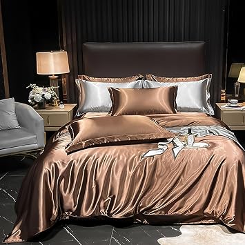 4PCS Satin Comforter Cover Set, Full/Queen Size Luxury Silk Like Satin Duvet Cover Set, Breathable Soft Bedding Set with Quilt Cover, Flat Sheet, Pillowcase Queen, Coffee color1
