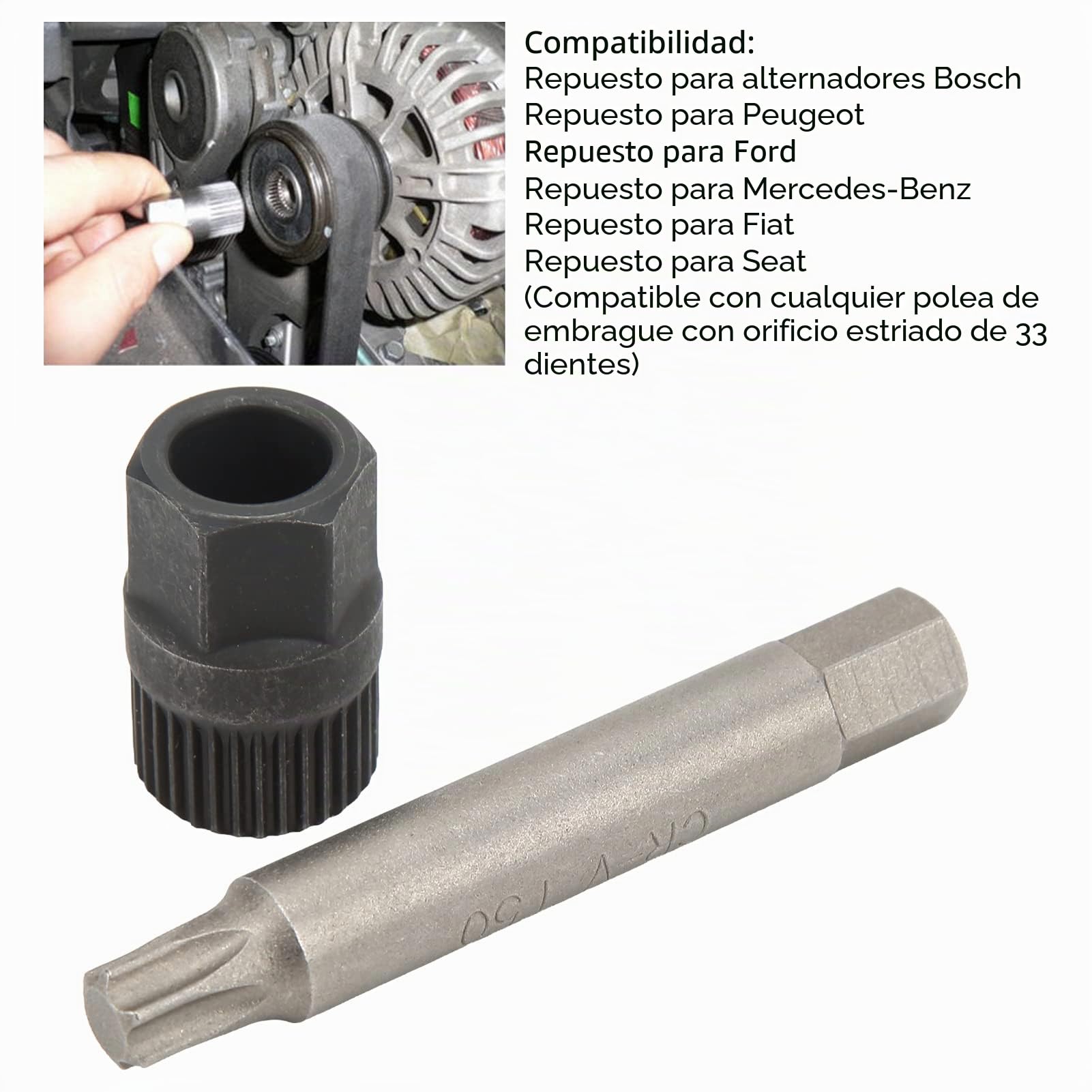 Llave de Polea Alternadora T50, 33 Toma de Eliminación de Broca de Tacón, Herramienta de Desacoplador Alternador Fácil de Usar con Poleas Reemplazables