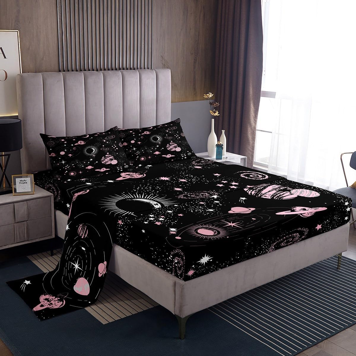 Castle Fairy Galaxy Universe Planet Bed Sheet Queen Size,Starry Sky Pink White Stars Black Sheets,Outer Space Bedding Sets (1 Fitted,1 Flat,2 Pillowcases) Luxury Deep Pocket Bed Sheets