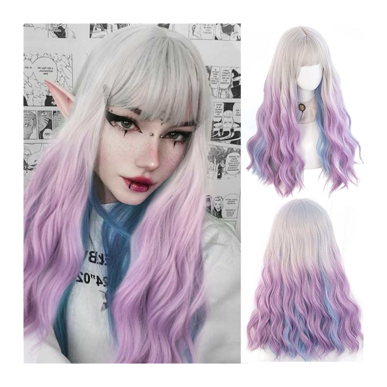 Perruque synthétique longue ondulée avec frange dégradé blanc violet