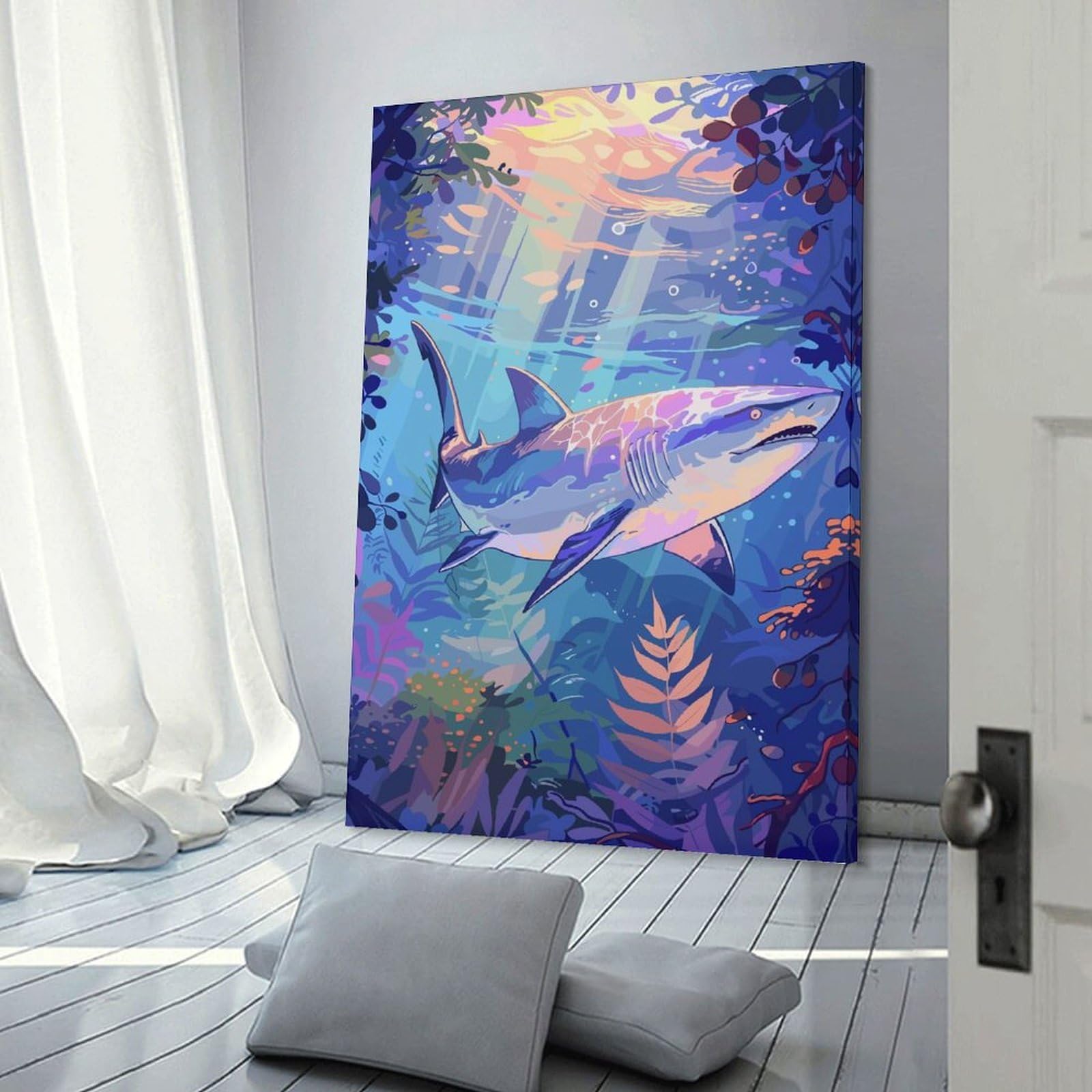Junmoney Shark Underwater Art Canvas Wall Picture, 20x30inch(50x75cm), for Flats, Guest Rooms Or Compact Rooms, An Easy Choice for New Home Styling