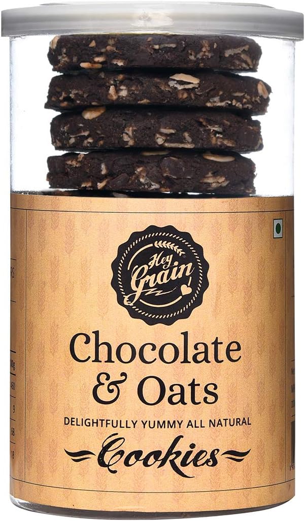 HEY GRAIN COOKIES Chocolate And Oats Cookies(Whole Grain Wheat Flour,Rolled Oats,Cocoa Powder,Choco Chips,Canola Oil,Milk,Demerera Sugar,Salt,Baking Powder),135 Grams