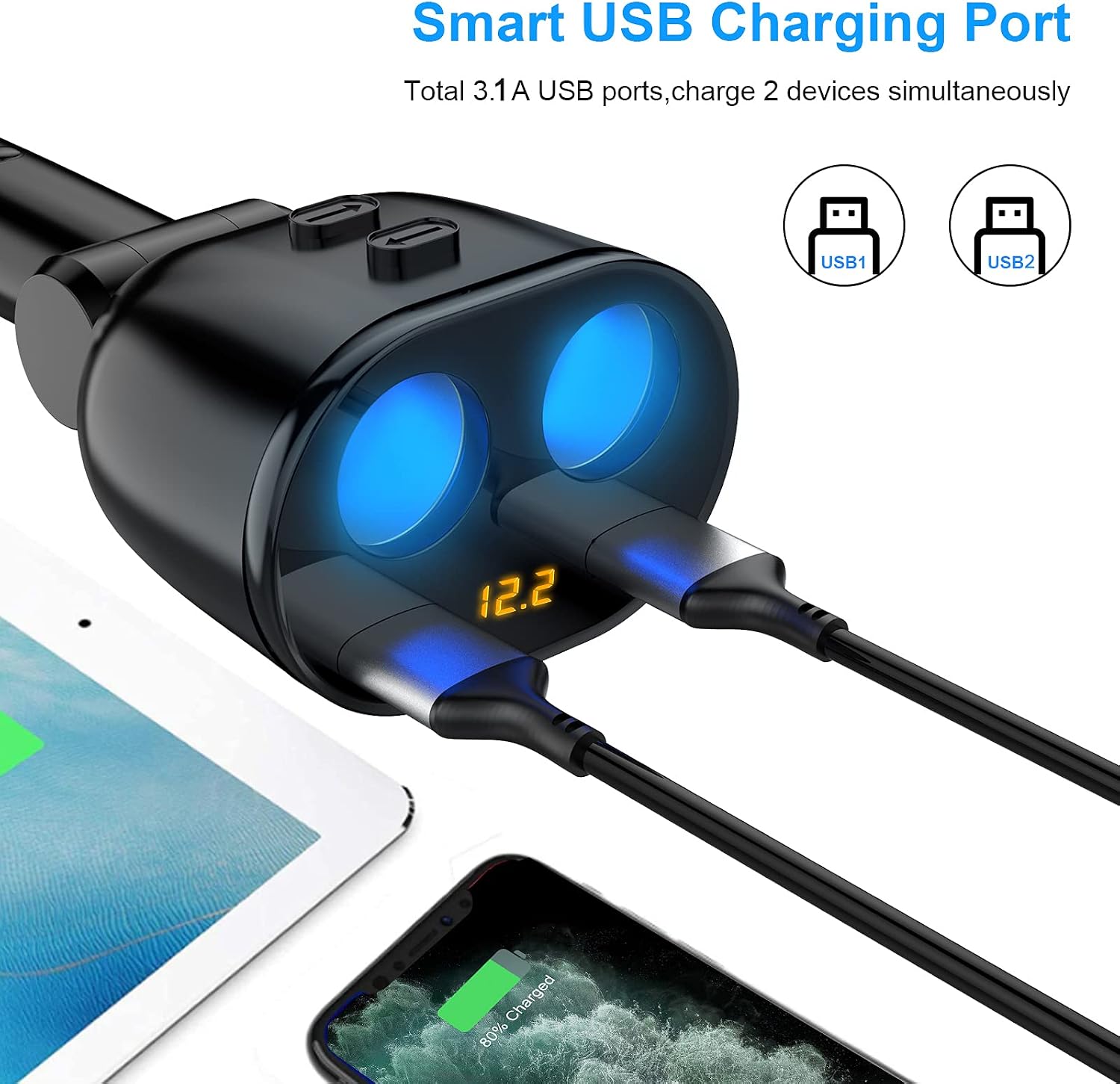 USB Car Charger, 2 Sockets Cigarette Lighter Splitter 12V/24V 80W Dual USB Charging Ports, Separate Switch LED Voltage Display Built-in Replaceable 10A Fuse Compatible Mobile Cell Phone GPS Dash Cam