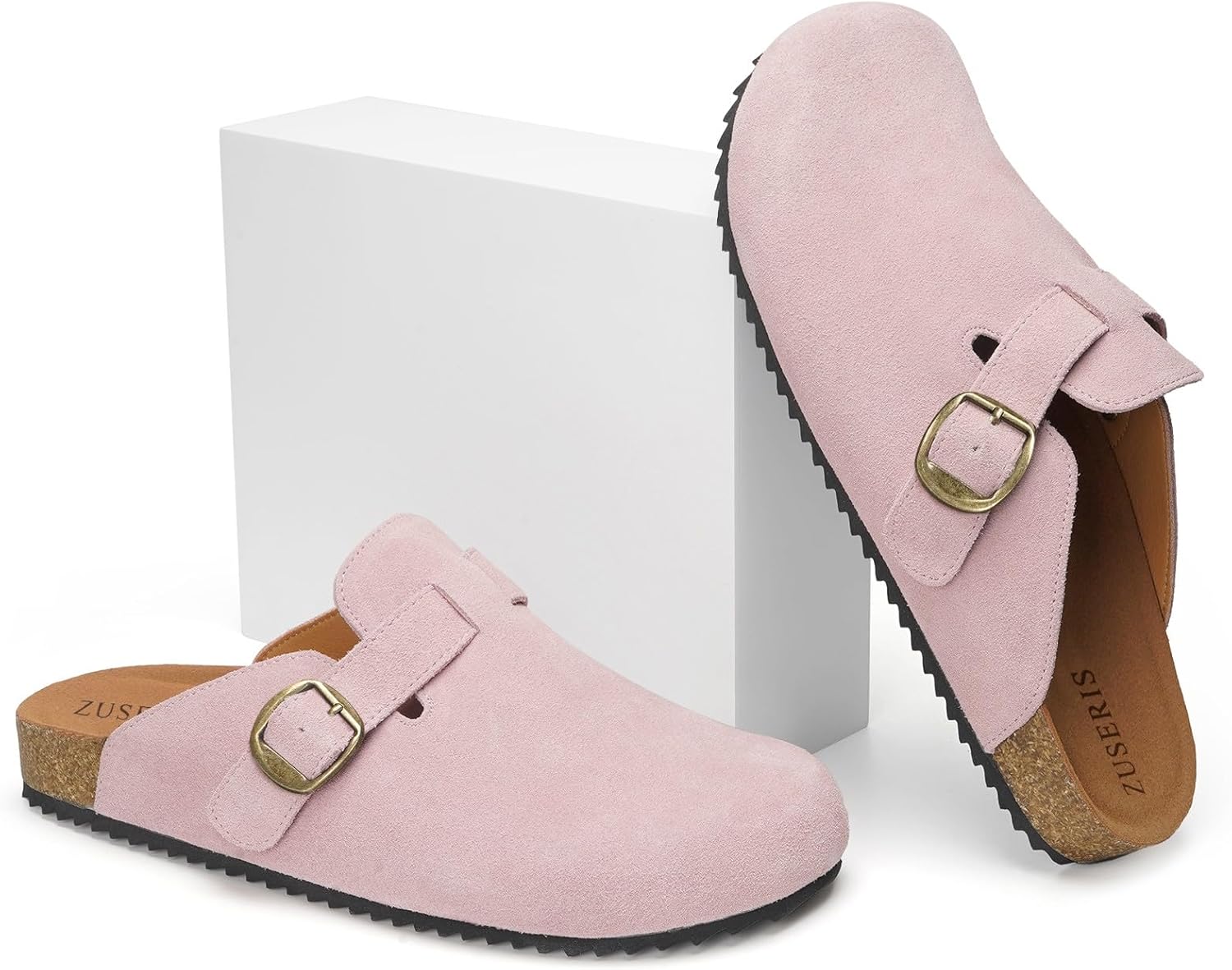 ZUSERIS Women's Men's Suede Clogs Wide Width Leather Mules Cork Footbed Sandals Slip on Comfort Potato Shoes with Arch Support