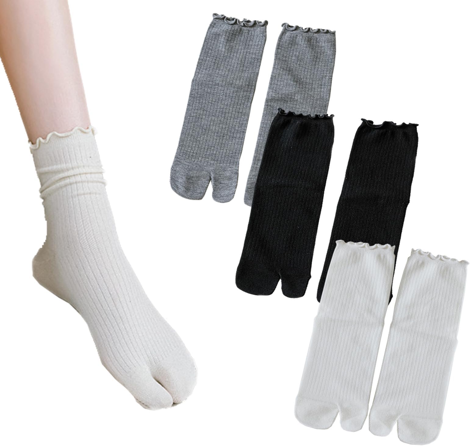 3 Pairs Women Split Two Toe Socks Japanese Tabi Flip Flops Sandal Socks Ruffle Frilly Sports Casual Socks