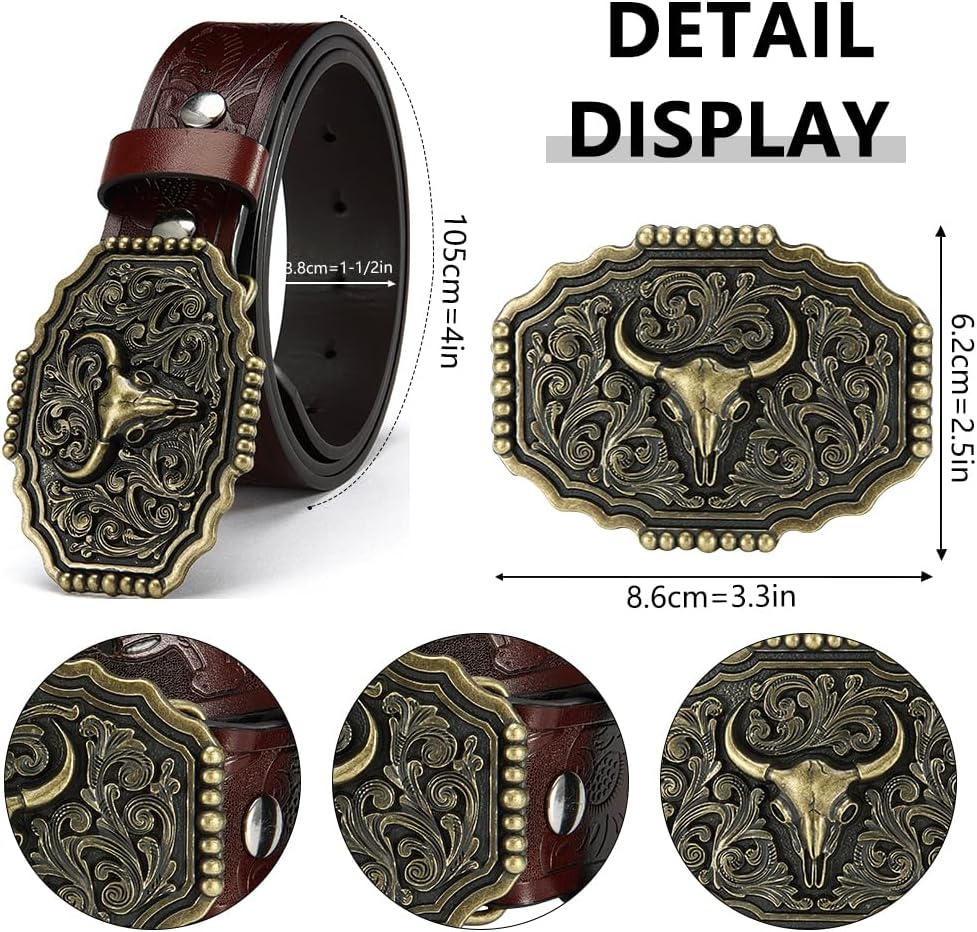 DOOPAI Men's Western Cowboy Belt – Longhorn Bull Pattern Buckle with Printed Engraving, Adjustable Strap, Fits Jeans - Image 3