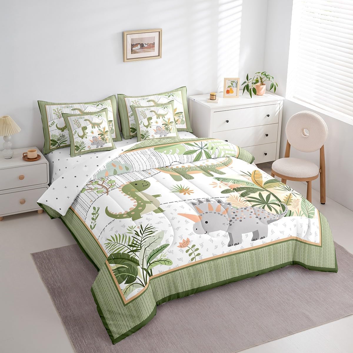 Feelyou Kids Cute Dinosaur 7 Piece Bedding Set Twin Size Cartoon Dinosaur Comforter Set with Sheets for Boys Girls Teens Green Grey Bed in a Bag Coconut Plant Bed Set