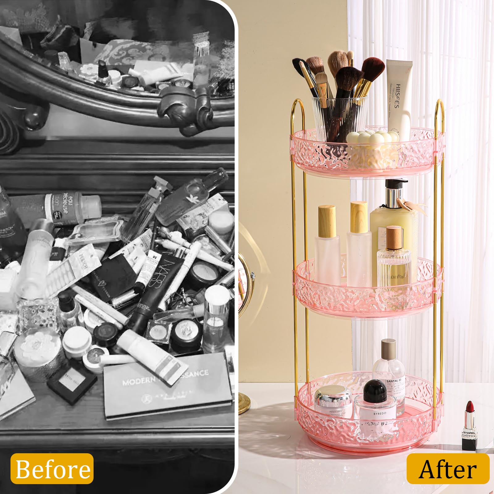 Fangoo 3 Capas Organizador de Maquillaje Giratorio 360 Grados Gran Capacidad Cosmética para Dormitorios Organizador Perfumes y Cremas Pintalabios Brochas Baño Tocador (Rosa)