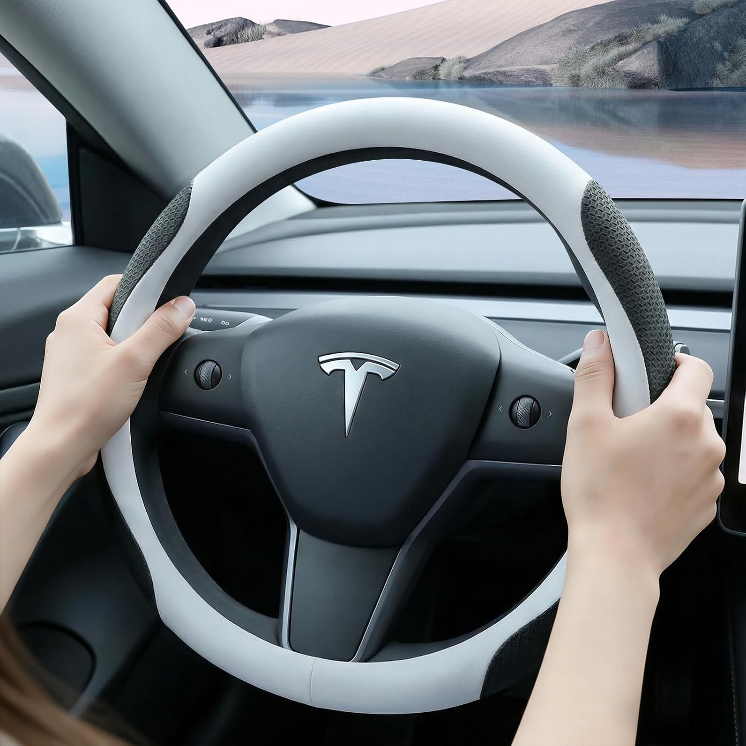 White Tesla Nappa Leather Steering Wheel Cover, Model 3/Y Accessories, Comfort Grip, Anti-Slip Breathable, Compatible with Tesla Model 3/Y Steering Wheel Protector