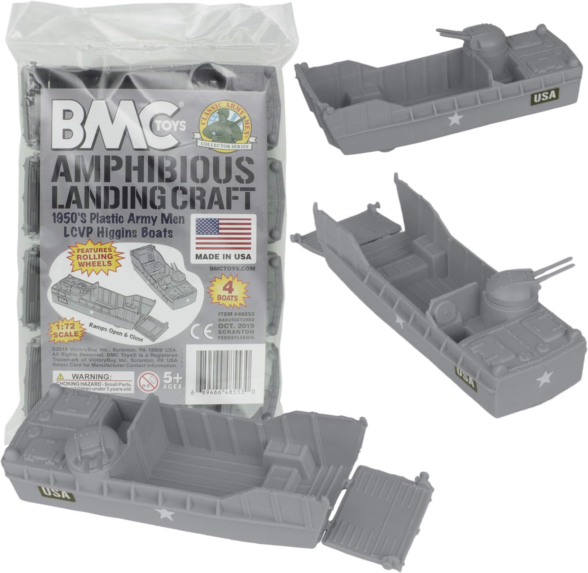 (Gray) - BMC Classic Marx Landing Craft - 4pc Grey Plastic Army Men Boat Vehicles