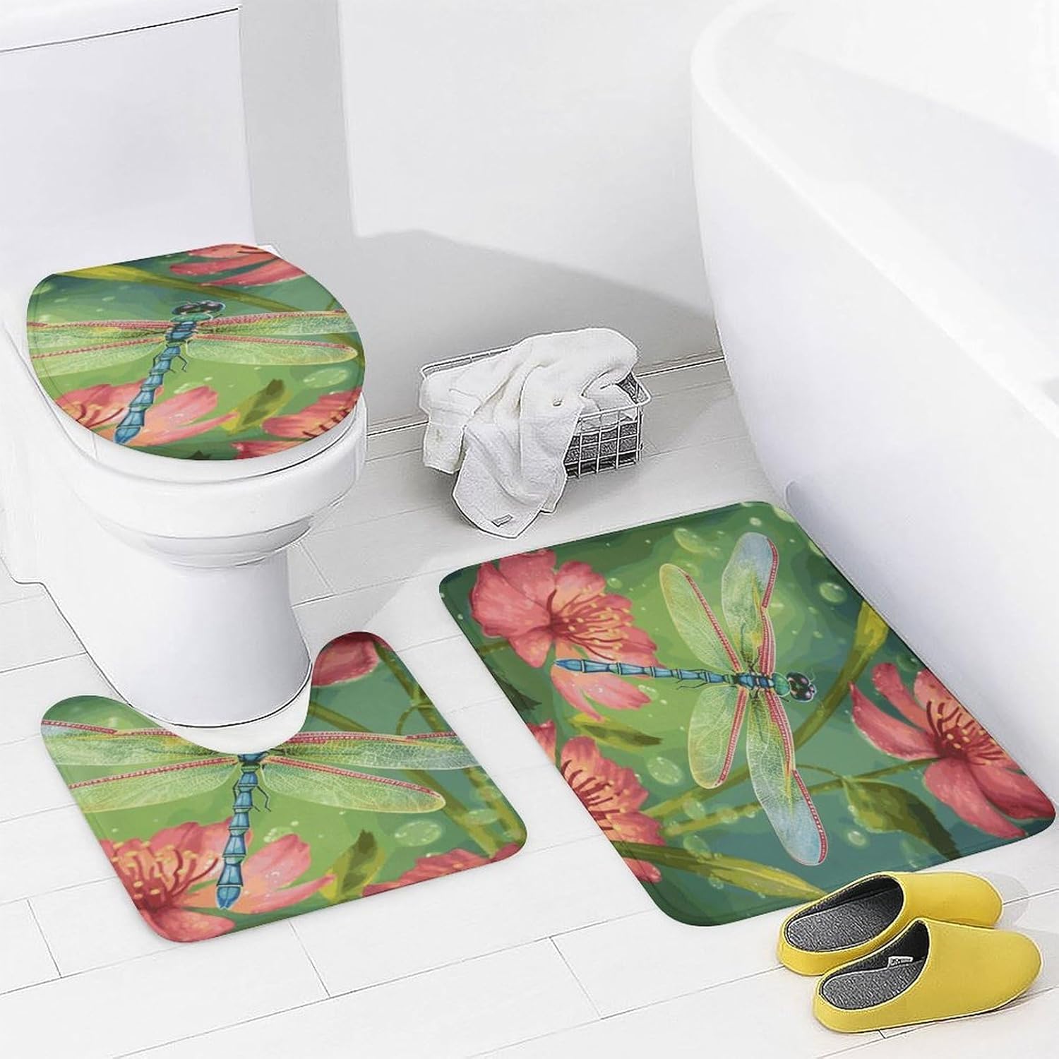 Dragonflies and Flowers 4Pcs Shower Curtain Set with Non-Slip Rugs, Toilet Lid Cover and Bath Mat,Bathroom Set Decor Accessories,Curtain Set with 12 Hooks, 72 X 72 Inch