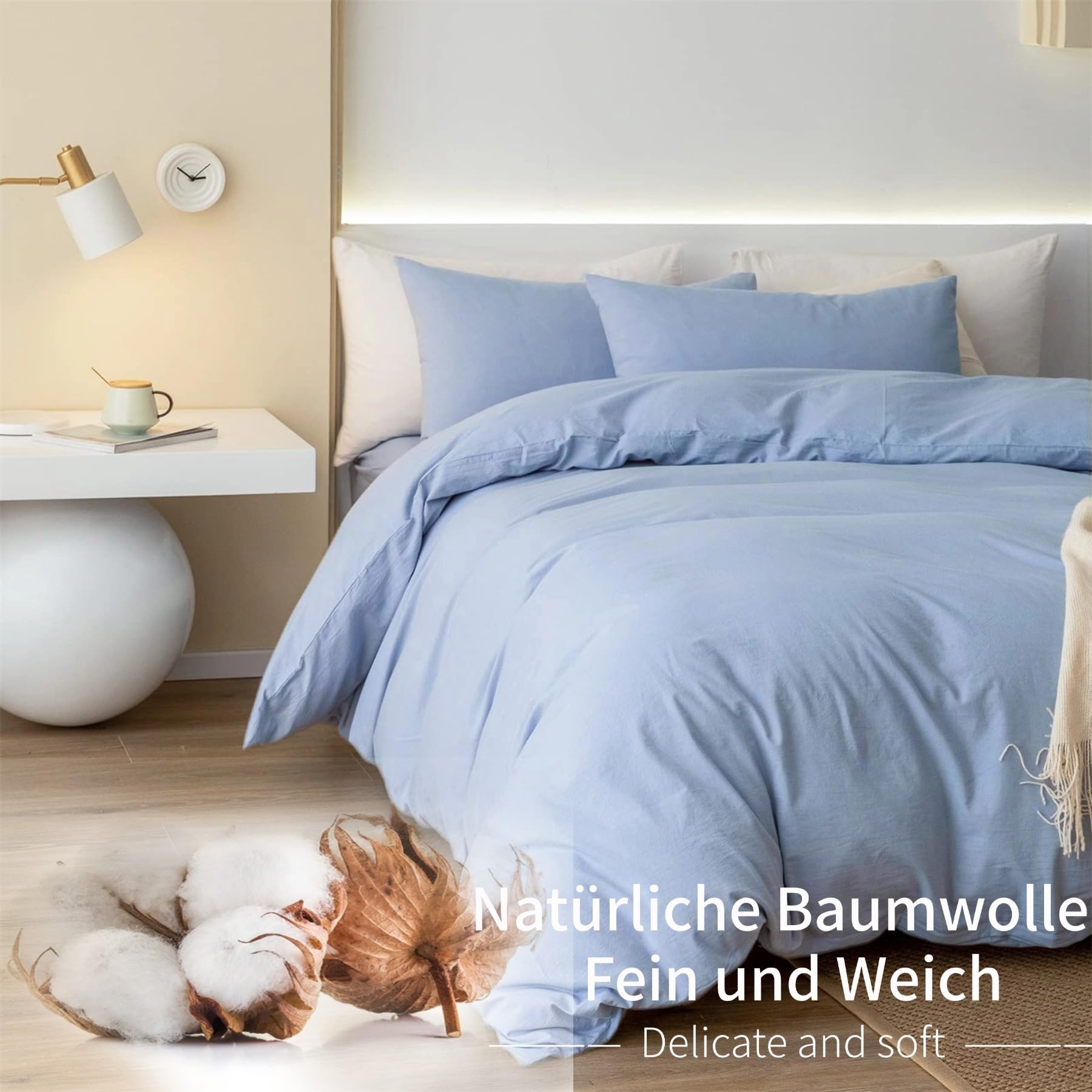Gezu Pościel 220 x 240 cm, bawełniana, niebieska, jasnoniebieska, 3-częściowa, bawełniana, na podwójne łóżko, jednolita pościel z certyfikatem ÖkoTex, przyjazna dla alergików i poszewkami na poduszki