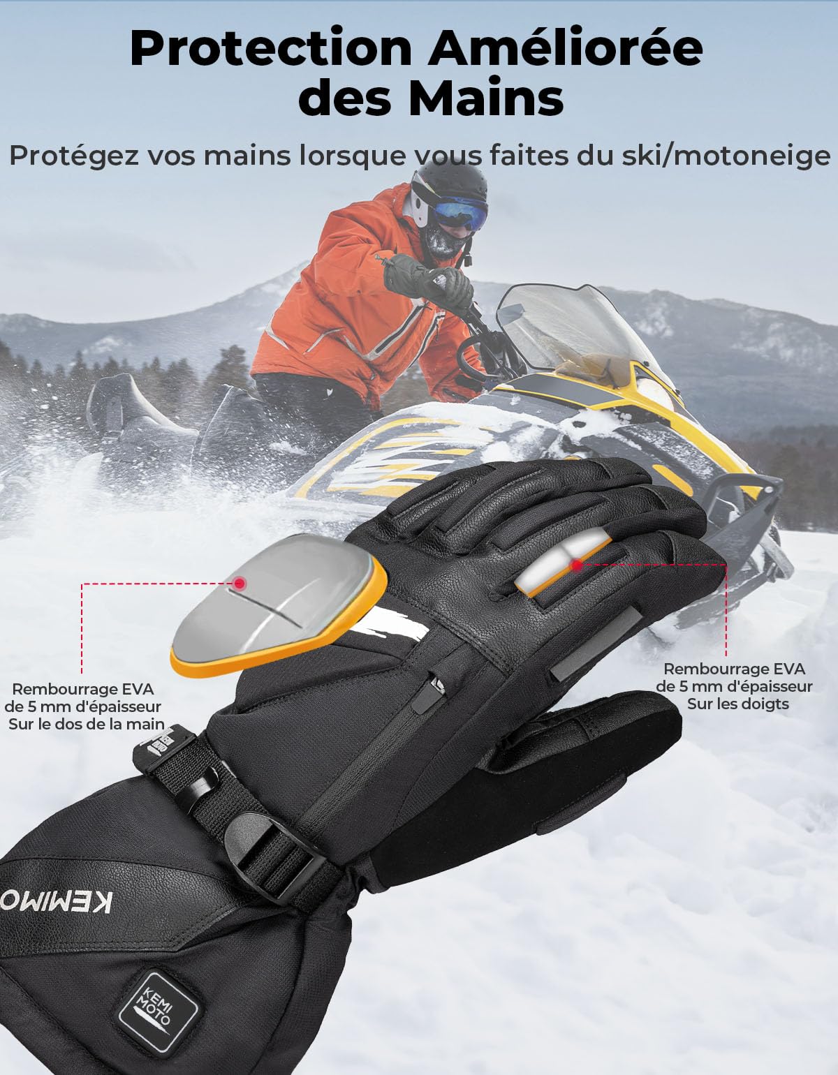 KEMIMOTO Gant Chauffant Moto, Gants Chauffants Hiver Coussin EVA, Écran Tactile et Résistants à l'usure, Thermiques Électriques la Moto, Le Ski, Le Scooter