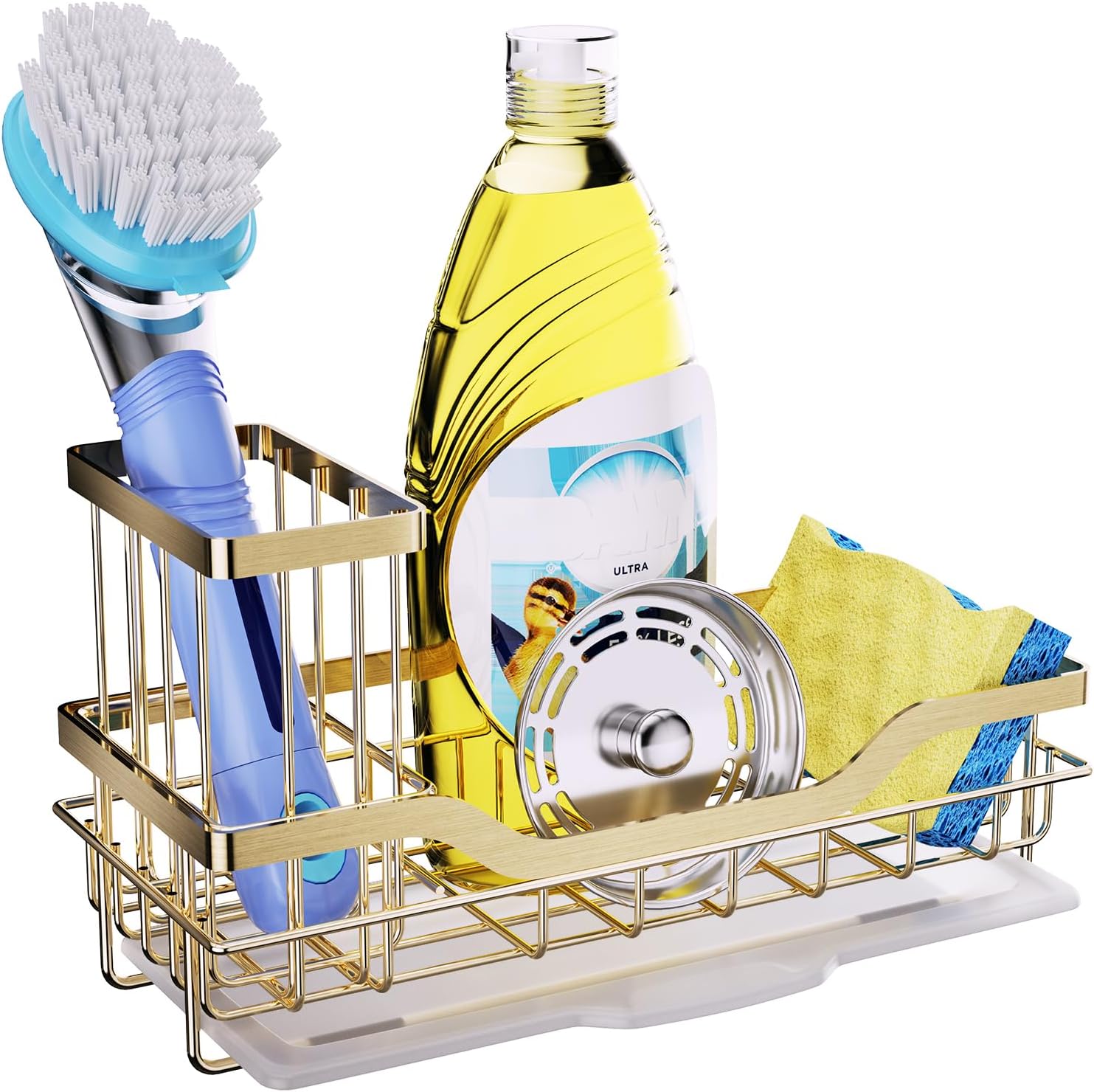 HapiRmKitchen Sink Caddy with Brush Holder, Sink Organizer with Drawable Drain Tray, Rustproof Stainless Steel Sponge Holder for Kitchen - Gold(8.26 * 3.62 * 4.72 in)