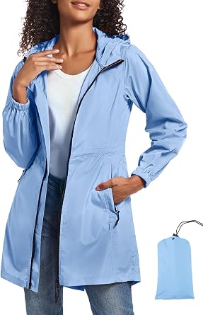SaphiRose Womens Long Packable Rain Jacket with Hood Waterproof Raincoat