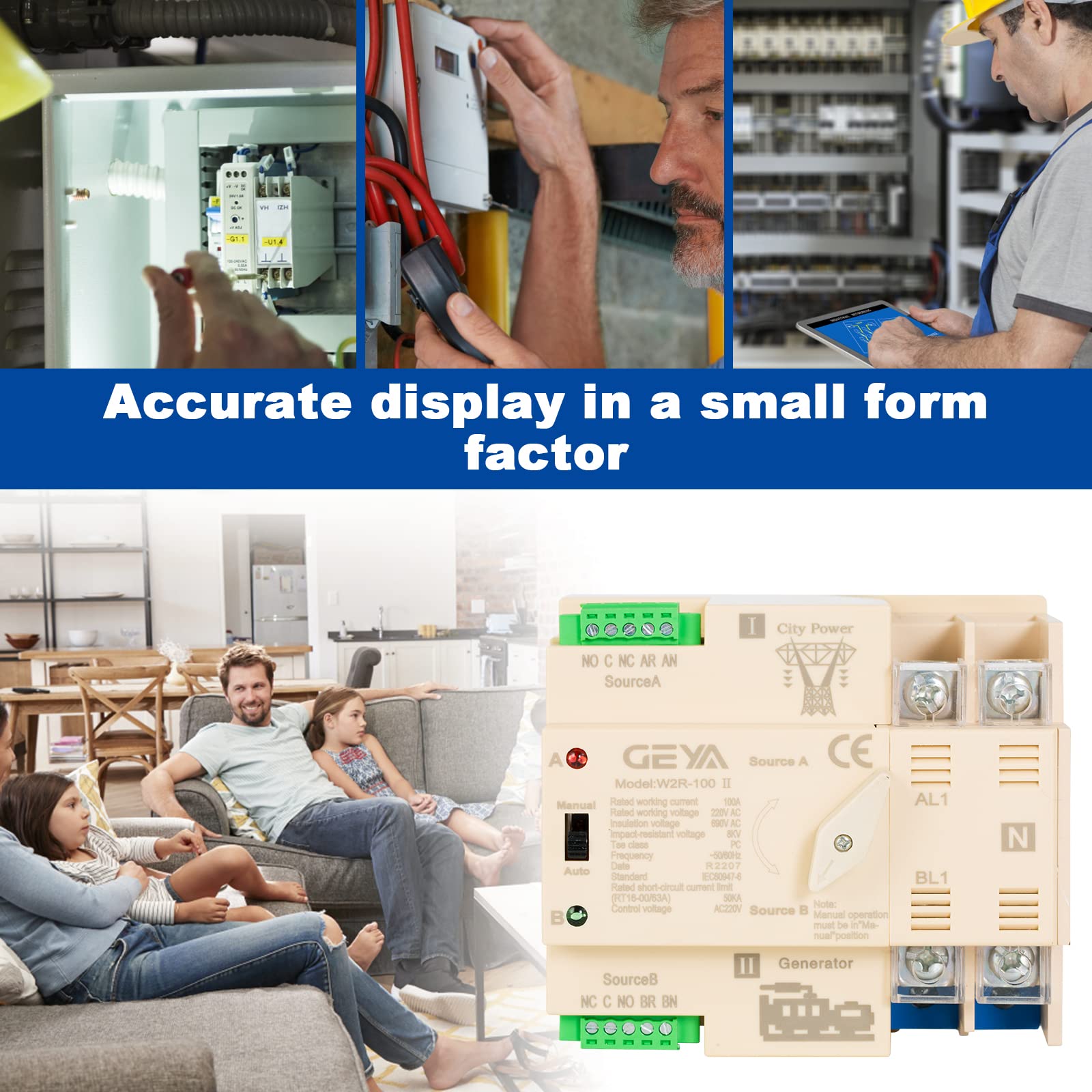GEYA W2R Mini ATS, 4P Automatic Transfer Switch, Non-Interrupt Electric Selector DIN Rail Type ATS, Home/City Power Transfer Control (4P 63A 400V