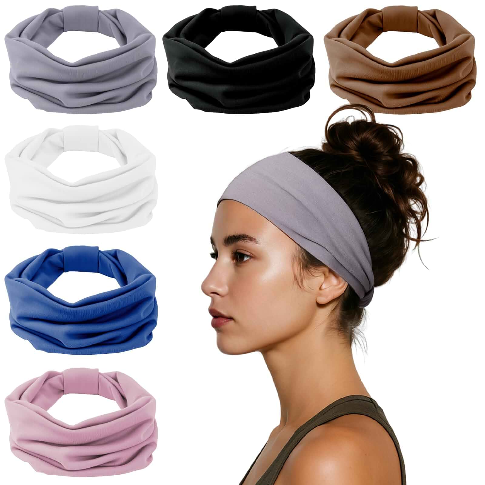 HSEM Headbands for Women, Wide Elastic Head Bands, Non-Slip Thick Hair Bands, Sports Stretchy Sweat Bands, Large Knotted Soft Headband for Washing Face, Makeup, Workout, Spa, Running, Fashion, 6-PackMultiple Sports