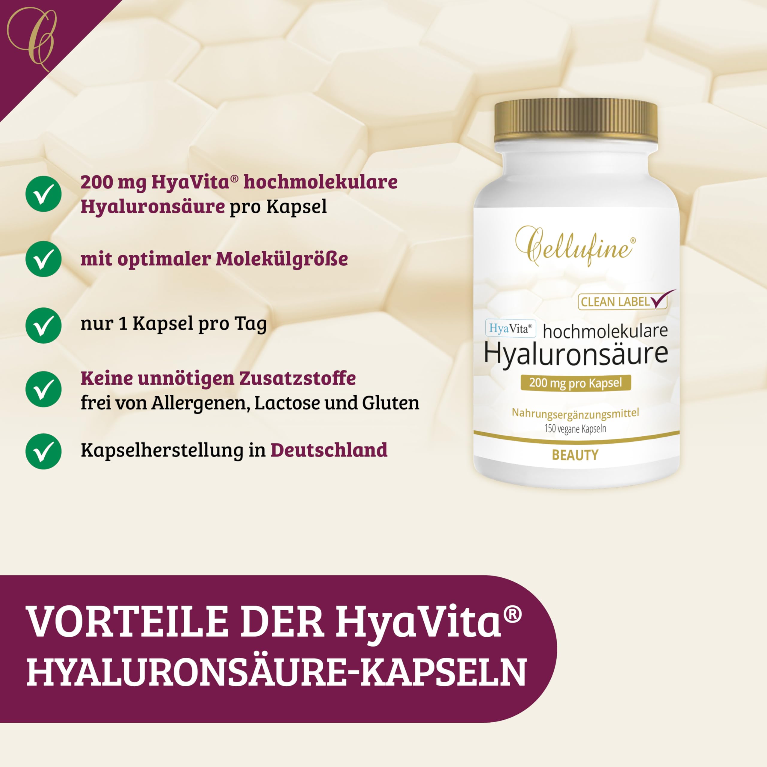 Cellufine® HyaVita Hyaluronsäure 150 Kapseln – hochdosiert, hochmolekular, glutenfrei, vegan – 150 glutenfreie Kapseln mit HyaVita Hyaluronsäure I natürlich & ohne Konservierungsstoffe
