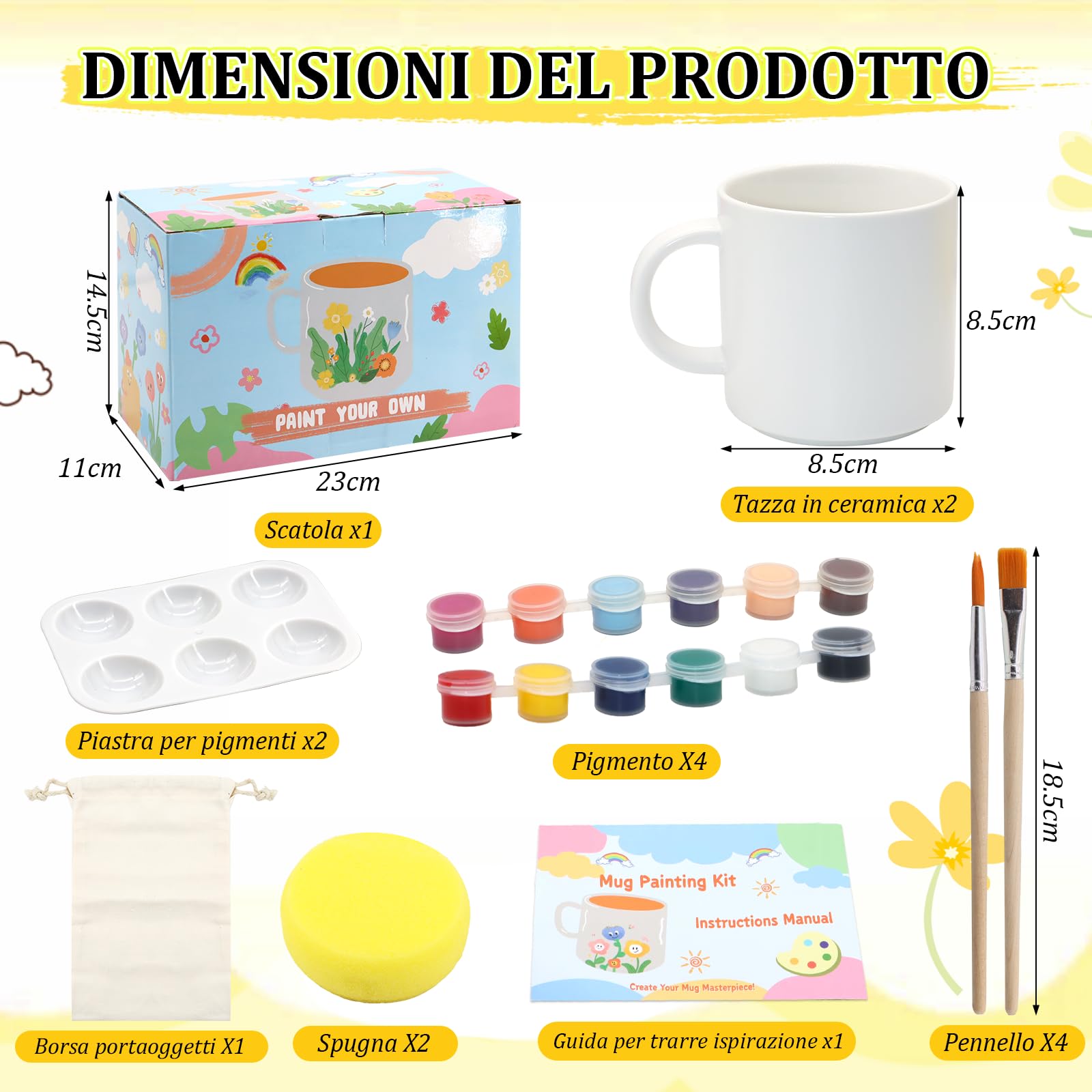 Scettar Paintable Mug Kit, Tazze da Dipingere Kit, Set di Ceramica Fai Da Te, Include Tazze, Colori, Pennelli, Spugne, Tavolozze, Borsa Portaoggetti, Manuale di Istruzioni, Regalo Creativo per Adulti