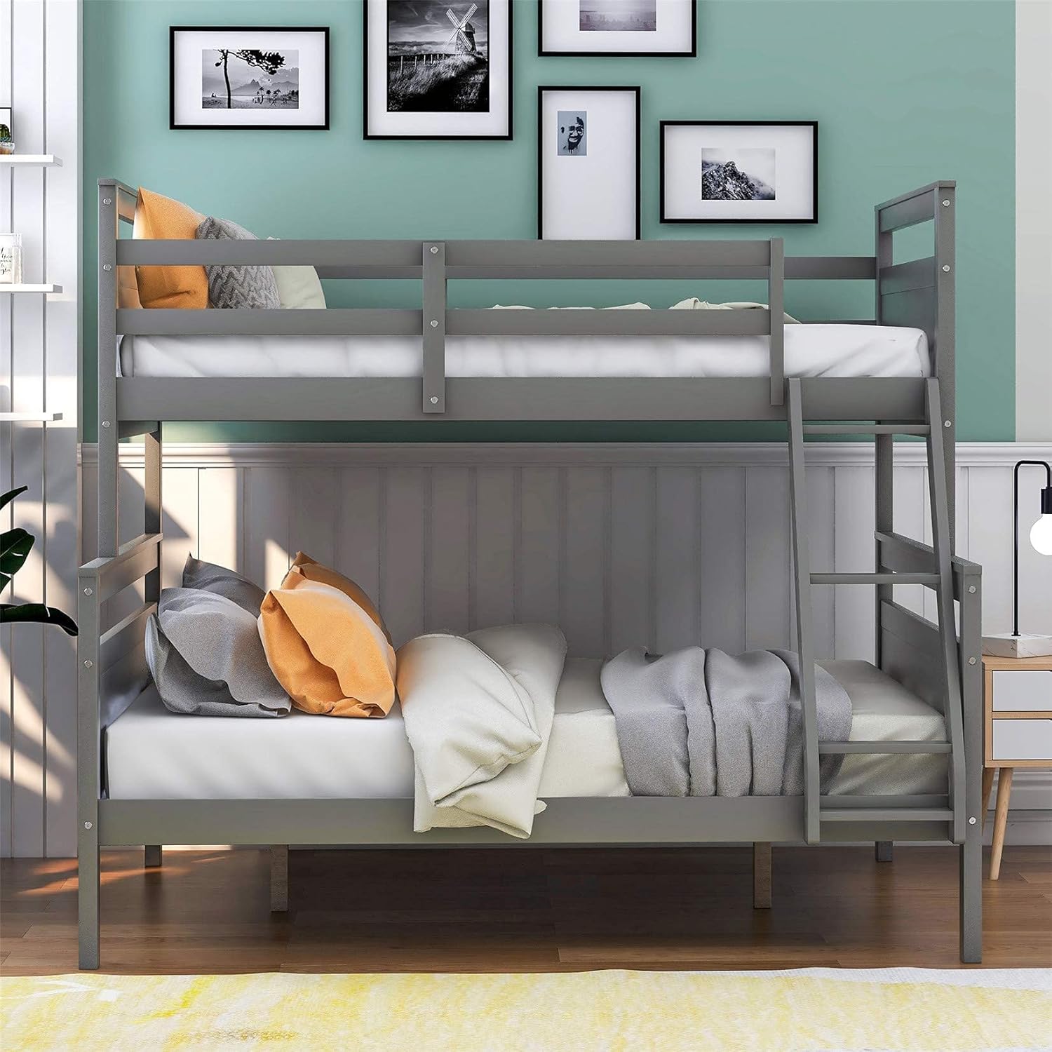 MERITLINE Wood Bunk Bed,Twin Over Full Bunk Beds Frame with Ladder and Safety Guardrail, Perfect for Kids Bedroom, Gray