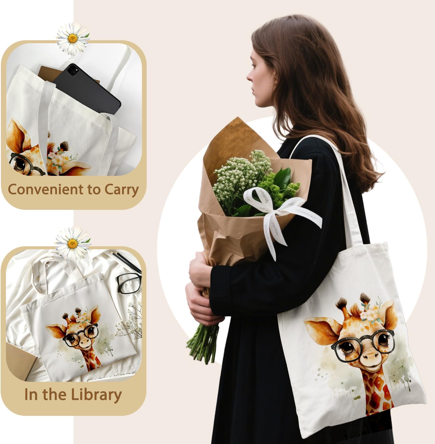 Cute GiraffeTote Bag for Women Teens Girls, Canvas Tote Bag Giraffe Gifts, Reusable Grocery Bags Shopping Bags 15.7 x15 Inch - Image 5