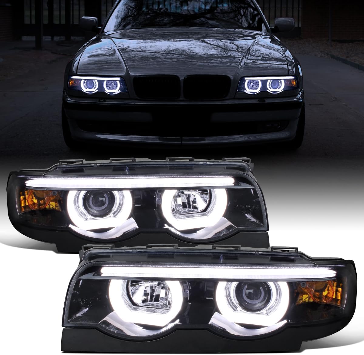 Ronnin - Fits 1995-2001 BMW E38 7-Series 740i 740iL Upgrade Projector Halogen Headlights Assembly Pair | Black Smoke