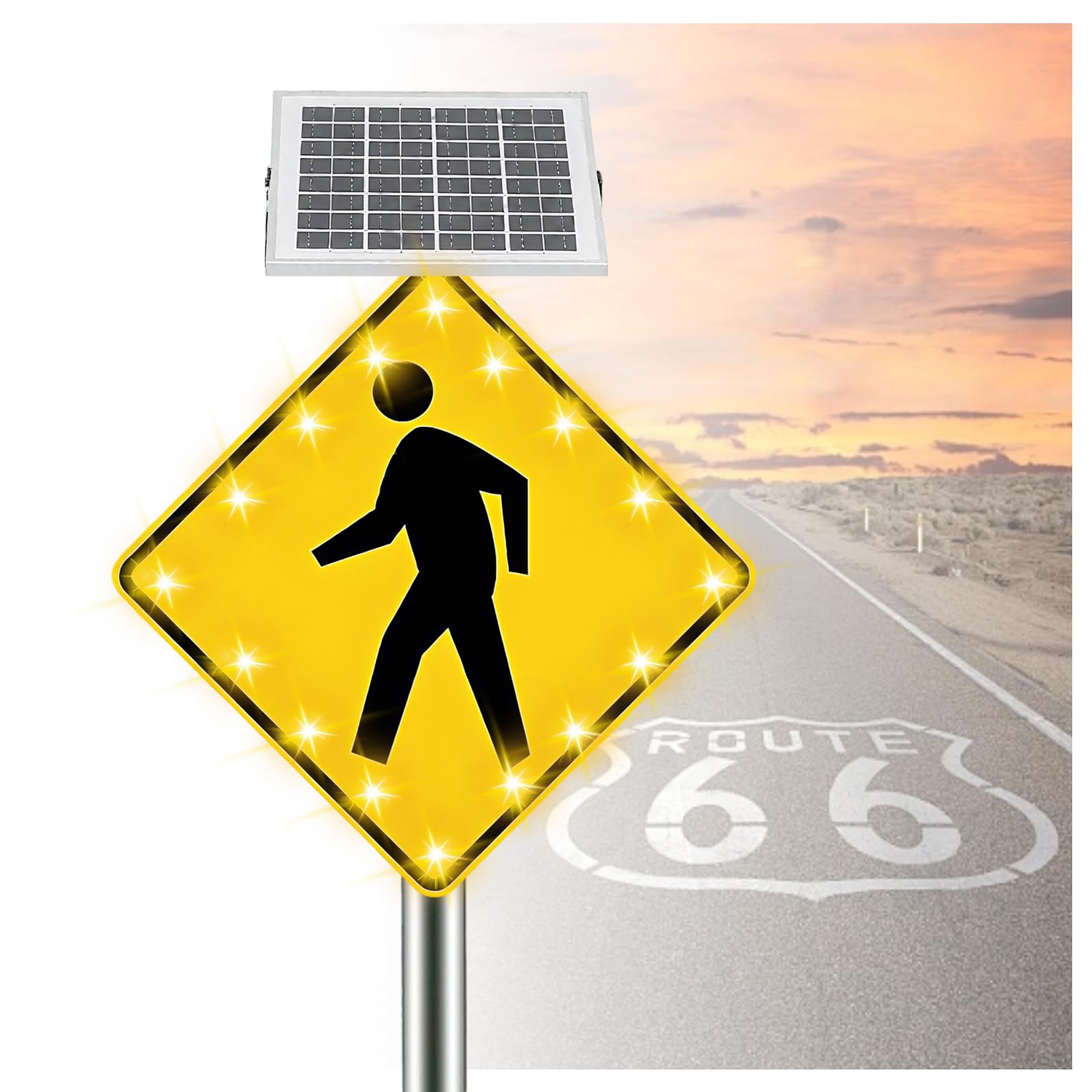 ZHENYUWANG Solar-powered flashing LED pedestrian crossing sign, 24-inch aluminum pedestrian warning sign, engineered reflective material 30in