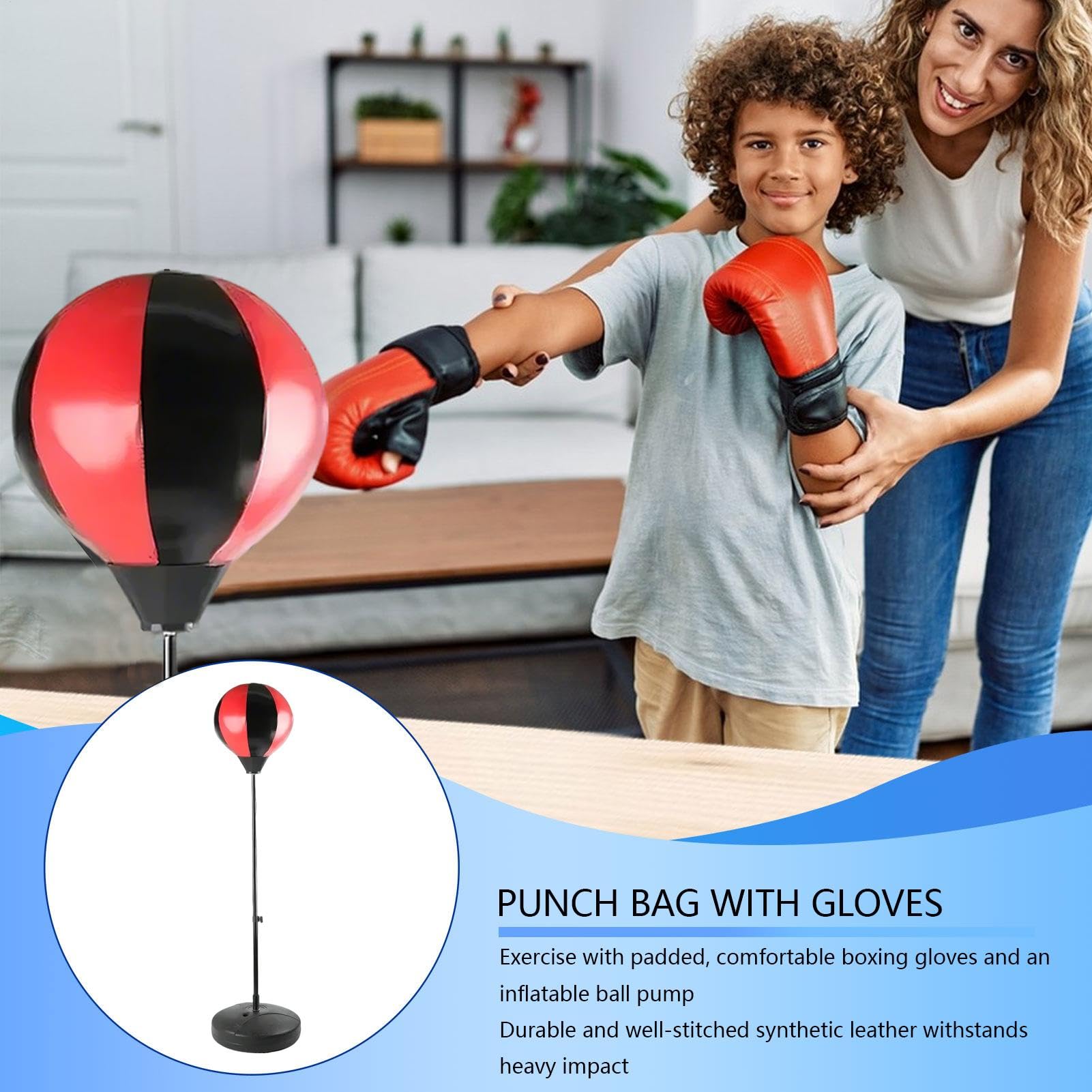 Sacco da boxe sicuro con guanti, set di sacco da boxe durevole, regolabile | Sacco da boxe con supporto per praticare boxe, allenamento fitness e sollievo dallo stress in casa o all'aperto