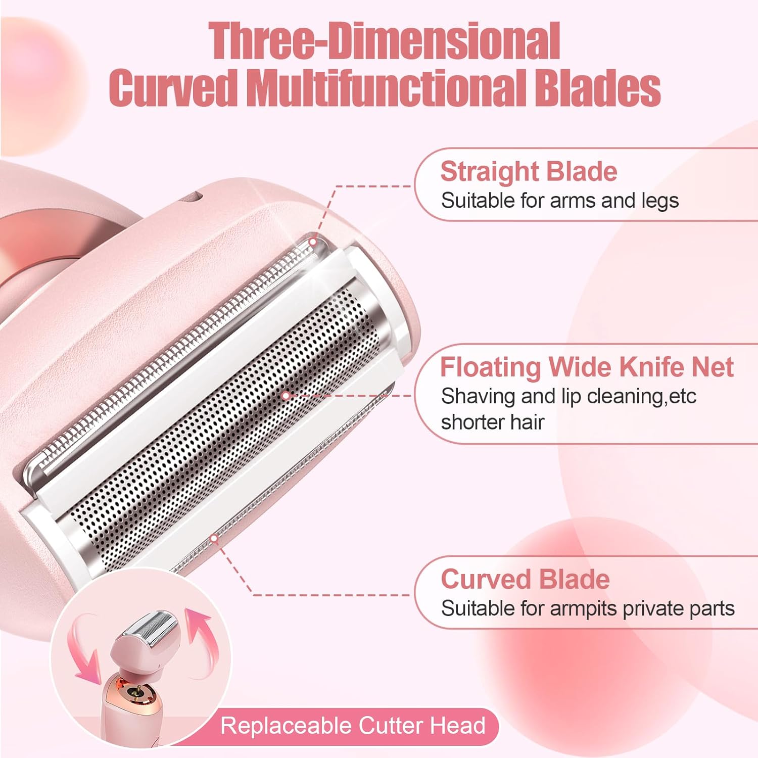 Electric Shaver for Women, 2 in 1 Wet & Dry Painless Hair Removal��� Silk Glide Pro Shaver with 2 Removable Heads for Leg Arm Underarm Bikini Area，IPX7 Waterproof, Pink - Image 3