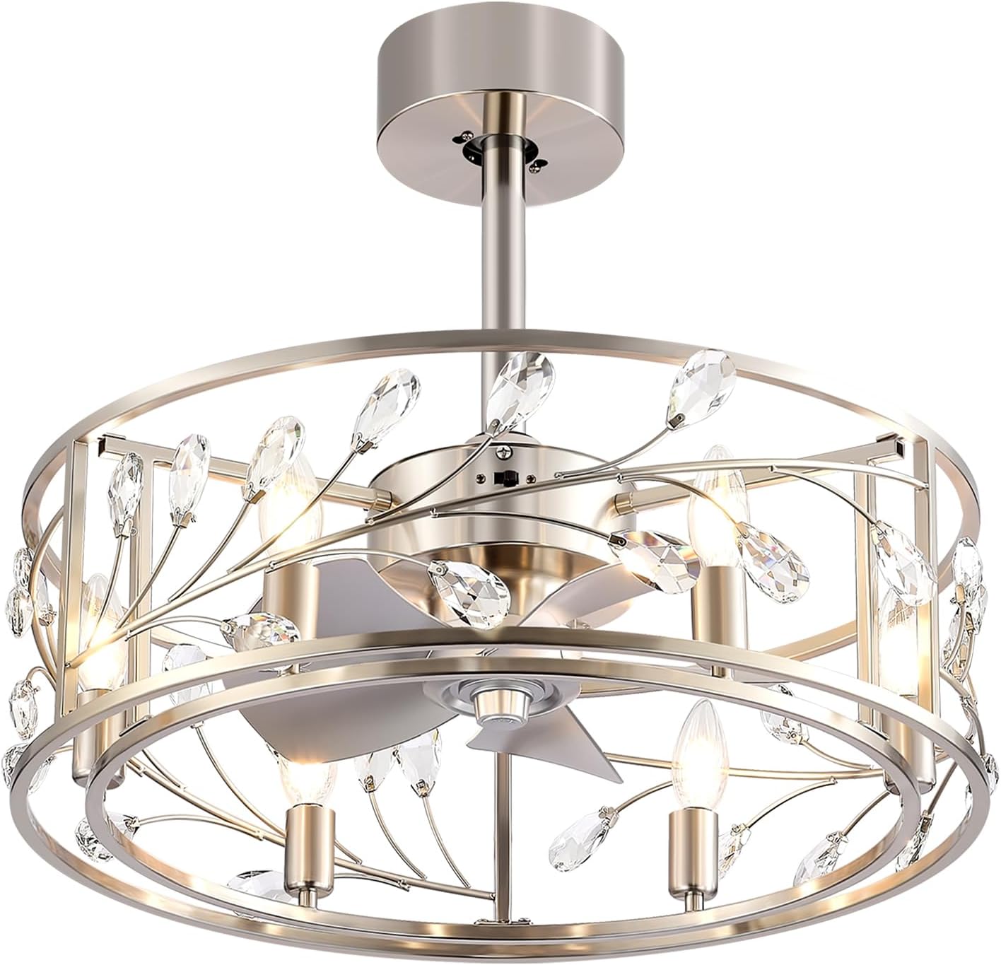(Incomplete)20 Inch Caged Ceiling Fan with Light and Remote, Quiet Reversible AC Motor, 5 ABS Blades, Modern Industrial Crystal Low Profile Small Ceiling Fan Light for Bedroom Home Indoor Satin Nickel
