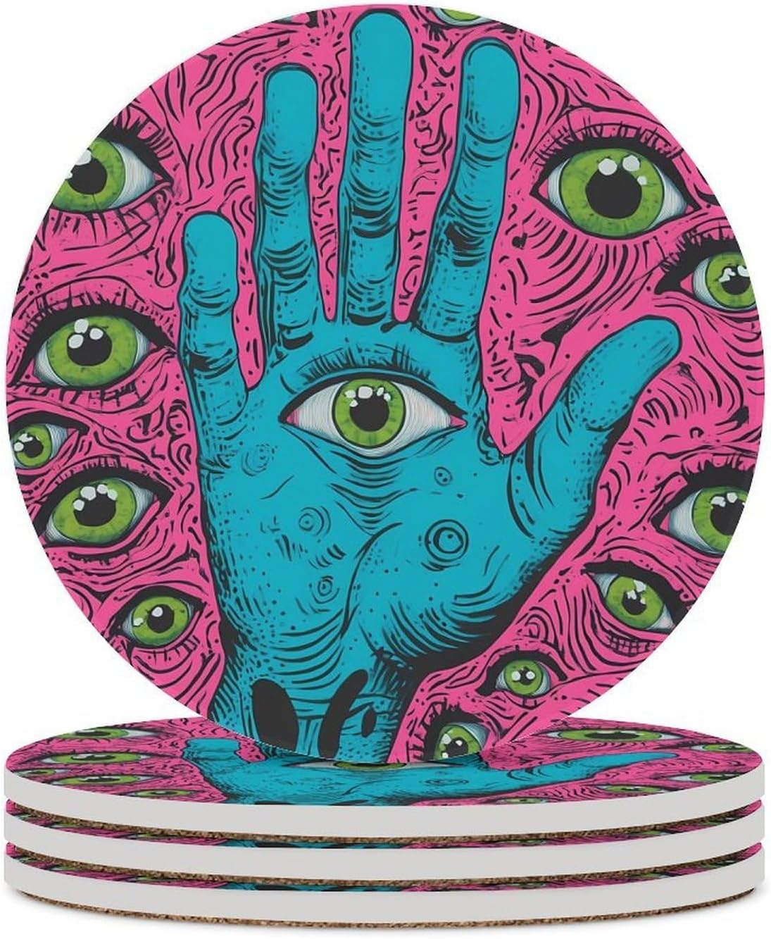 PsychedelicHand Eyes Trippy Round Ceramic Coasters Print Drinks Absorbent with Cork Base for Home Decor Gifts 4 Inch