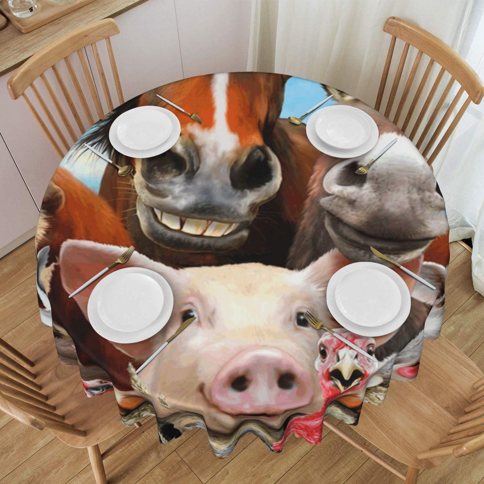 DCEHGEW 60 In Round Tablecloth with Lace, Farm Animals Printed Oilproof & Washable Fabric Picnic Table Cloth Table Covers