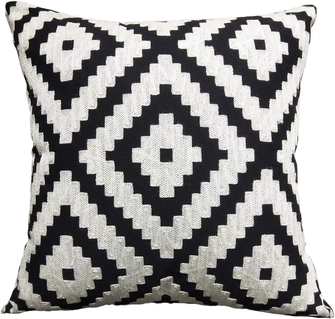 PDTXCLS FINOHOME Throw Pillow Covers Embroidered Pillow Case Square Decorative Cushion Cover for Sofa Bed,Black White,17 x 17 Inches,Pixel,1 pcs