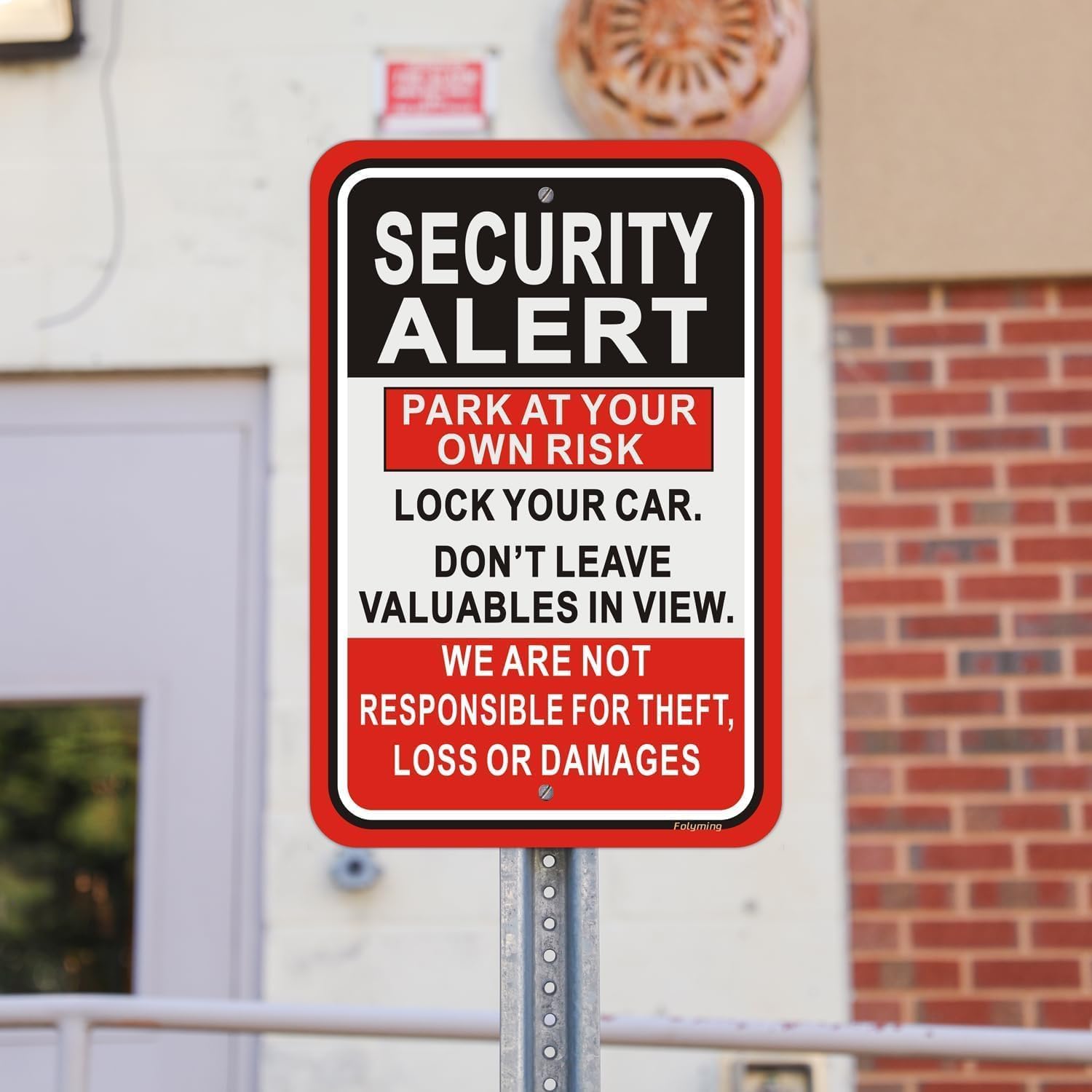 Señal de alerta de seguridad – Park At Your Own Risk – Paquete de 2 unidades de 12 x 18 pulgadas Lock Your Car & Don't Leave Valuables – Not Responsible for Theft/Loss/Damage Sign for Parking Lot