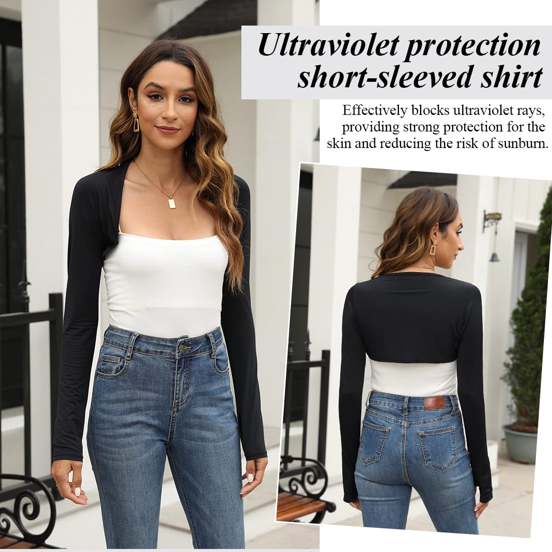 Armstulpen Damen, UV-Schutz Bolero, Kühlende Arm Sleeve, Kurze Sonnenschutzoberteile, Kühlschal Armmanschettes, Kühlschal Armmanschetten mit Fingerlöchern, Fingerlose Handschuhe Ärmel (Schwarz)
