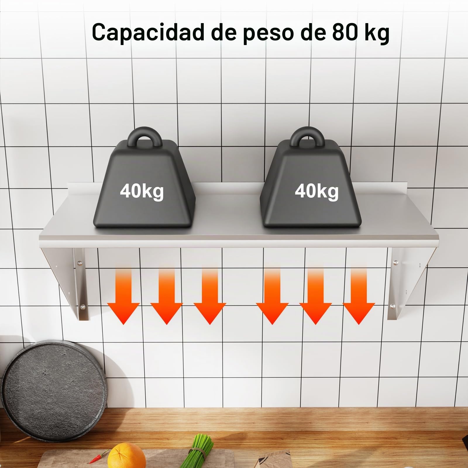 Estantería de Pared de Acero Inoxidable 80x 30 cm, Estantes de Cocina Carga 80 kg, Colocación en Pared, Estante Flotante con Soporte Triangular Apto para Uso en Oficinas, Baños y Cocinas