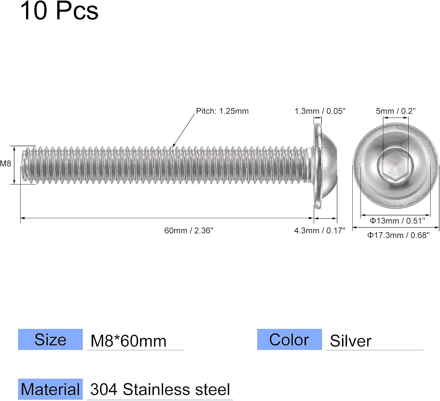 sourcing map Flanged Button Head Socket Cap Screws, M8x60mm Hex Socket Drive Screw, 304 Stainless Steel Fasteners Bolts - Image 3