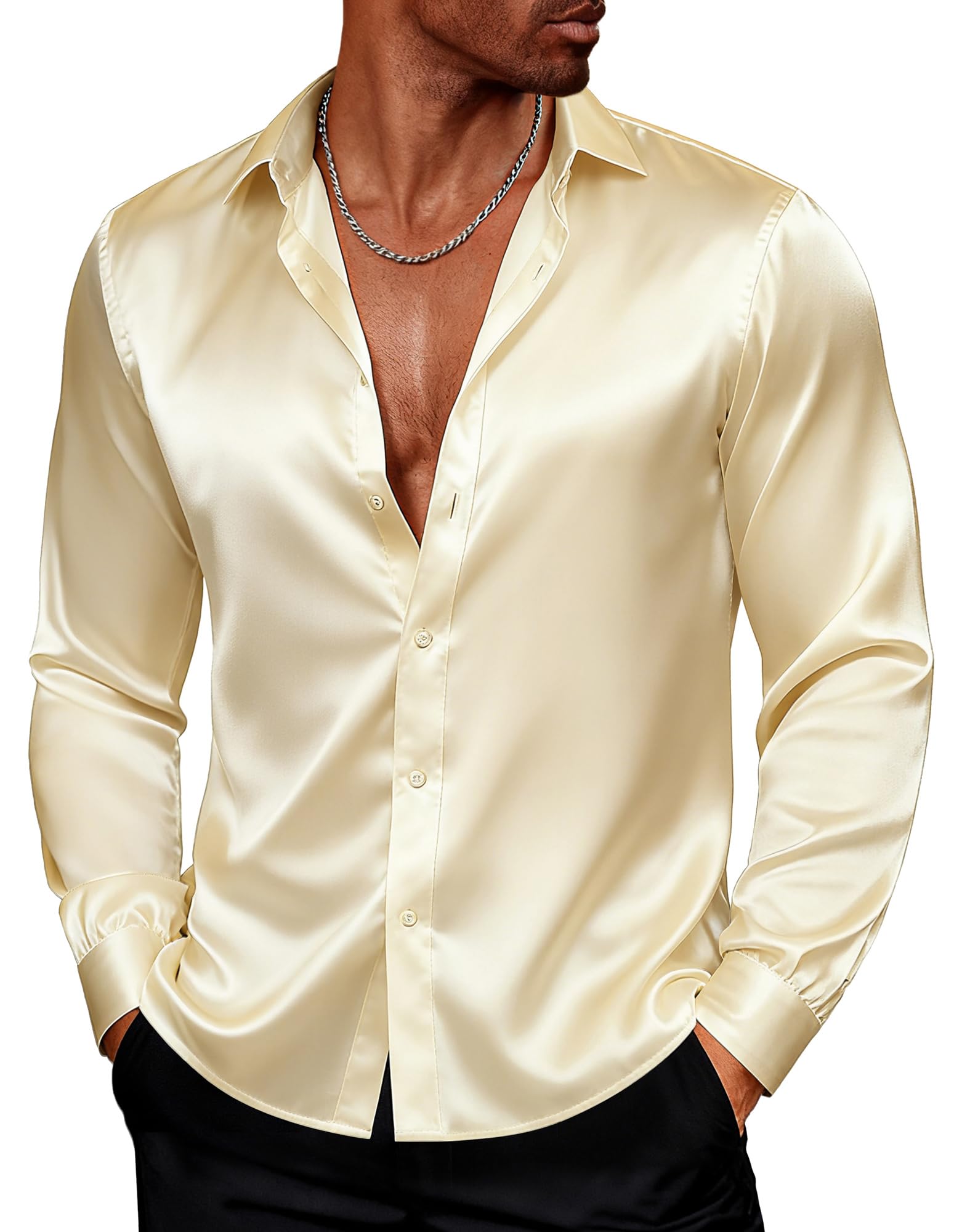 PJ PAUL JONES Men's Shiny Satin Dress Shirts Long Sleeve Button Down Silk Shirt with Bow Tie
