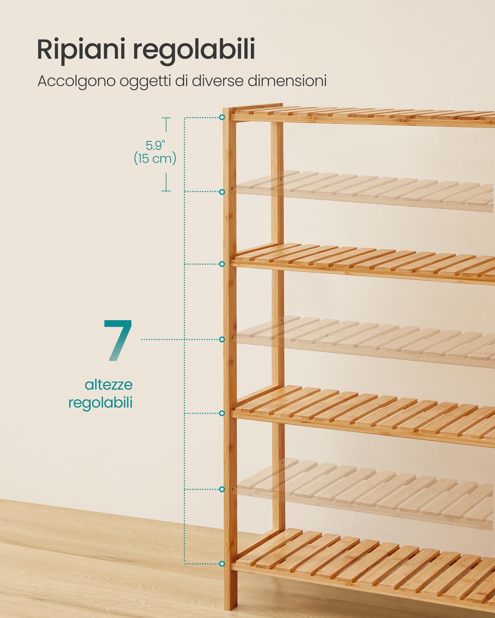SONGMICS Scaffale Portaoggetti in Bambù, Mensola da Bagno, Scarpiera, Multiuso, per Ingresso, Bagno, Soggiorno, Terrazzo, Cucina, 26 x 60 x 100 cm, Naturale BCB034Y01