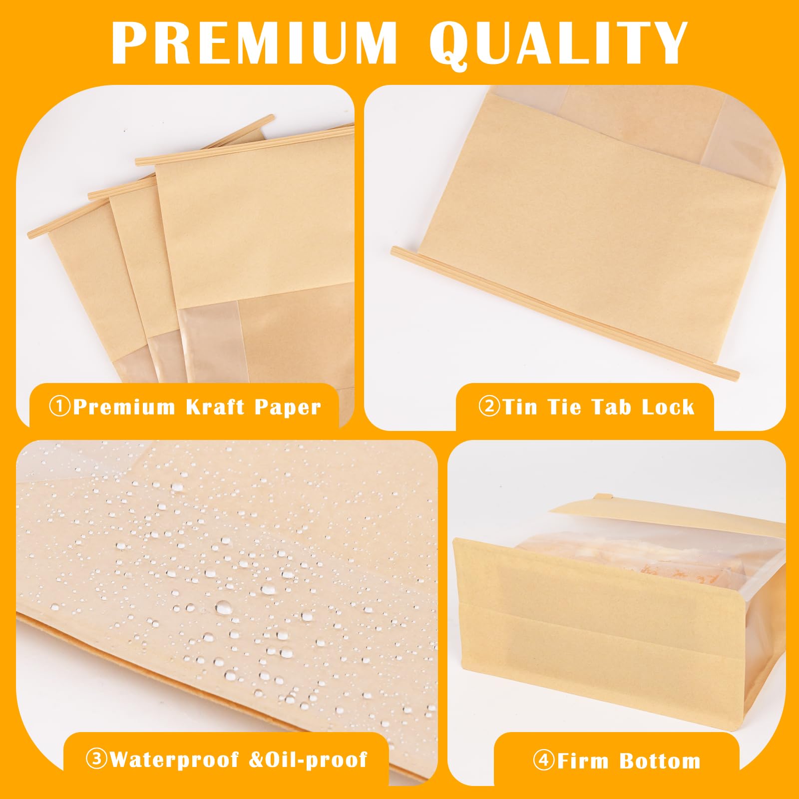 Paquete de 50 bolsas de pan grandes con cierre de pestaña de lata, bolsa de pan de 8.7 x 4.3 x 11 pulgadas con ventana frontal transparente, bolsa de golosinas para panadería, cafetería, pan casero
