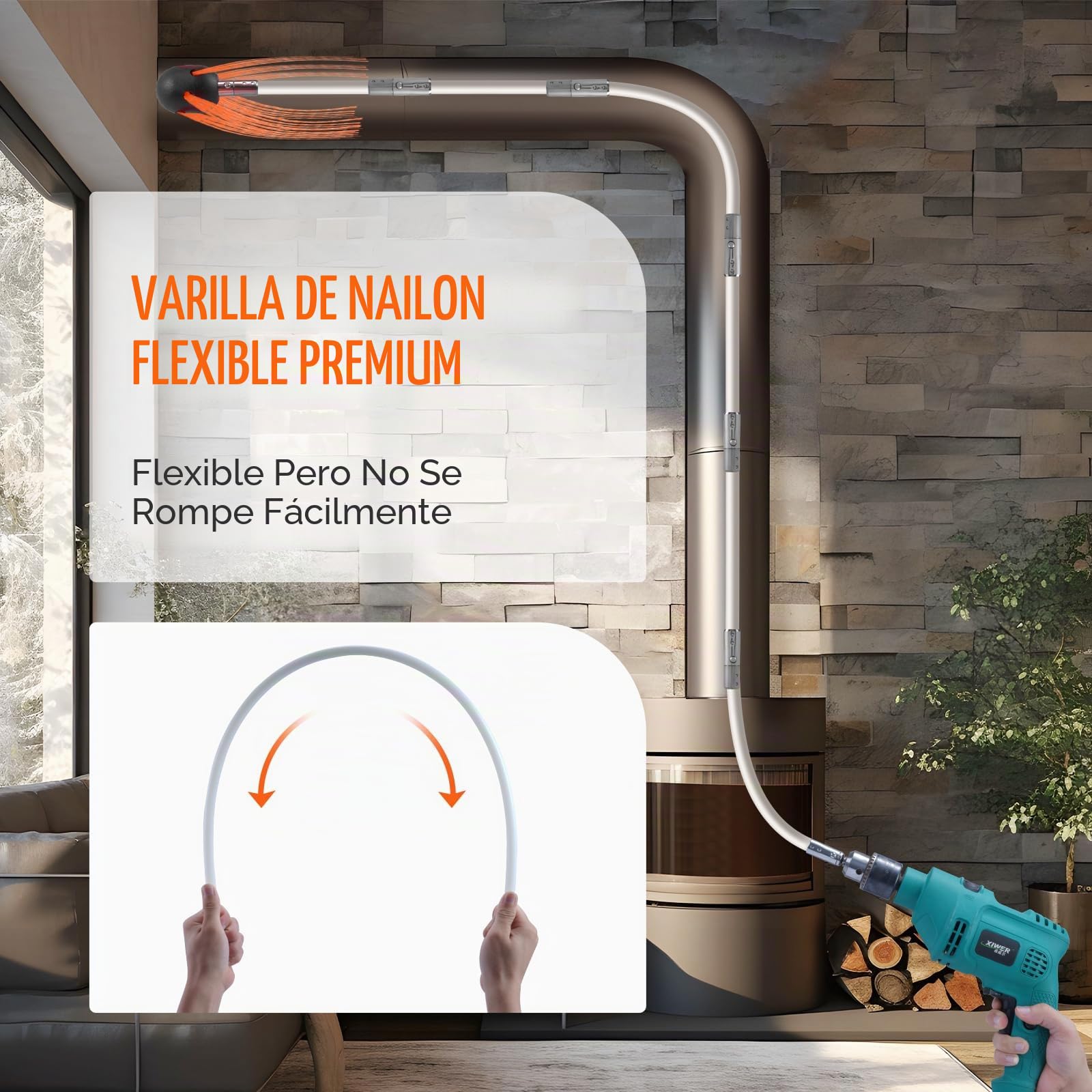 VEVOR Kit de Deshollinador de Chimeneas 8 m Cepillo de Limpieza de 360° con 8 Varillas Flexibles Nailon Accesorios para Conductos de Chimeneas Uso Doméstico Adecuado para la Mayoría de los Conductos