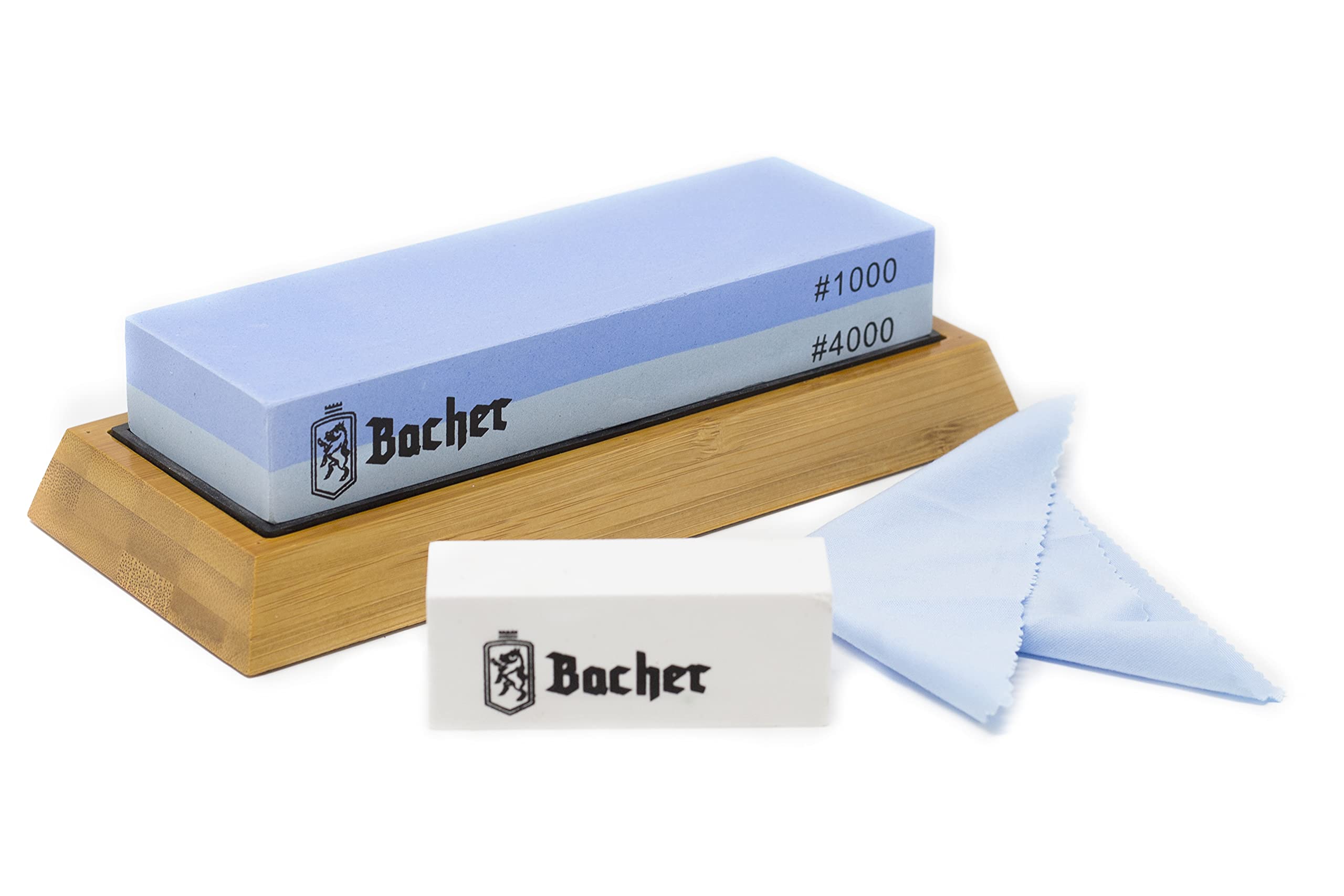 Pierre à Aiguiser Premium Bacher. Pierre à Affuter à Double Face, Grains 1000/4000 – Aiguiseur pour Couteaux avec Support en Bambou, Pierre Aplatissante et Guide électronique Détaillé