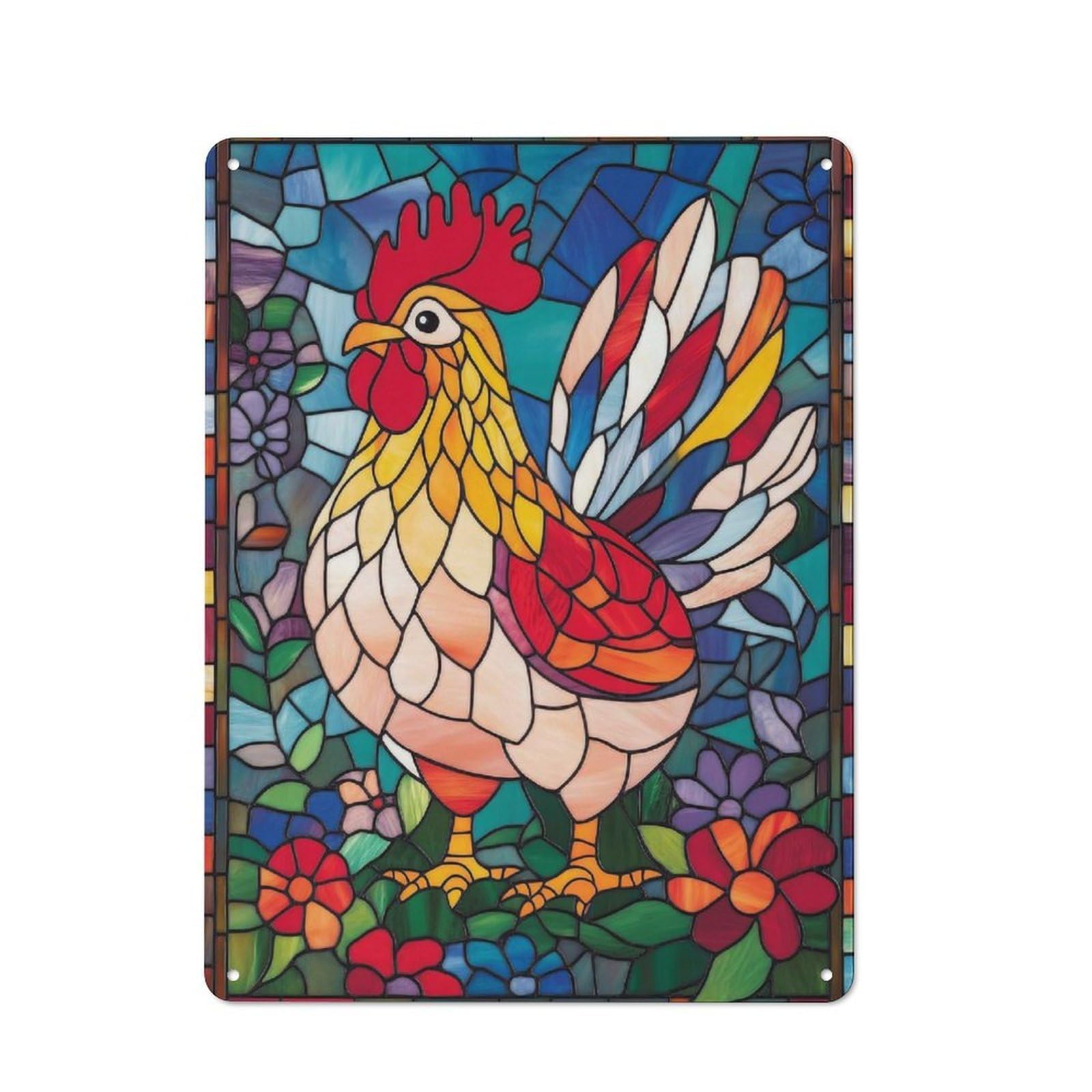 Junmoney Stained Glass Rooster Metal Plaque 40X30cm With For Hallway Wall, Rustic Decor, For Garage, Workshop And Man Cave Decoration
