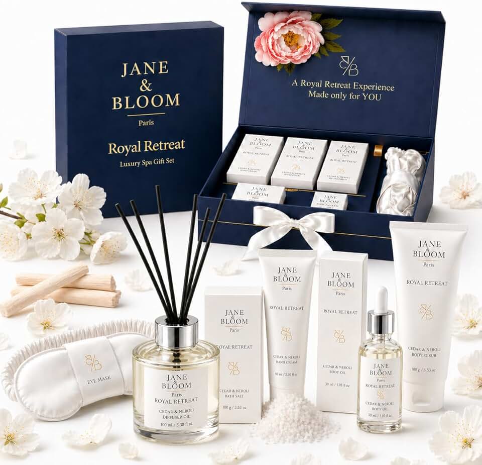 Royal Retreat Luxury Spa Gift Box for Women, Cedar & Neroli Bath and Body Gift Set, Relaxing Home Spa Kit with Bath Salt, Body Scrub, Body Oil, Hand Cream, Eye Mask, Mothers Day Gifts