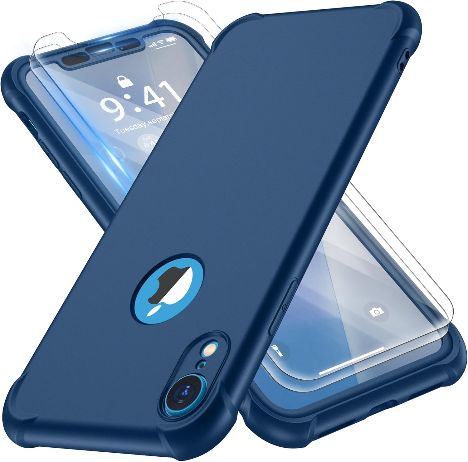ORETech Case Compatible with iPhone XR Case,with [2X Tempered Glass Screen Protector] 360 Silicone Phone Case Thin Shockproof Hard PC Soft TPU Anti Scratch Case Cover for iPhone XR 6.1” 2018 Blue